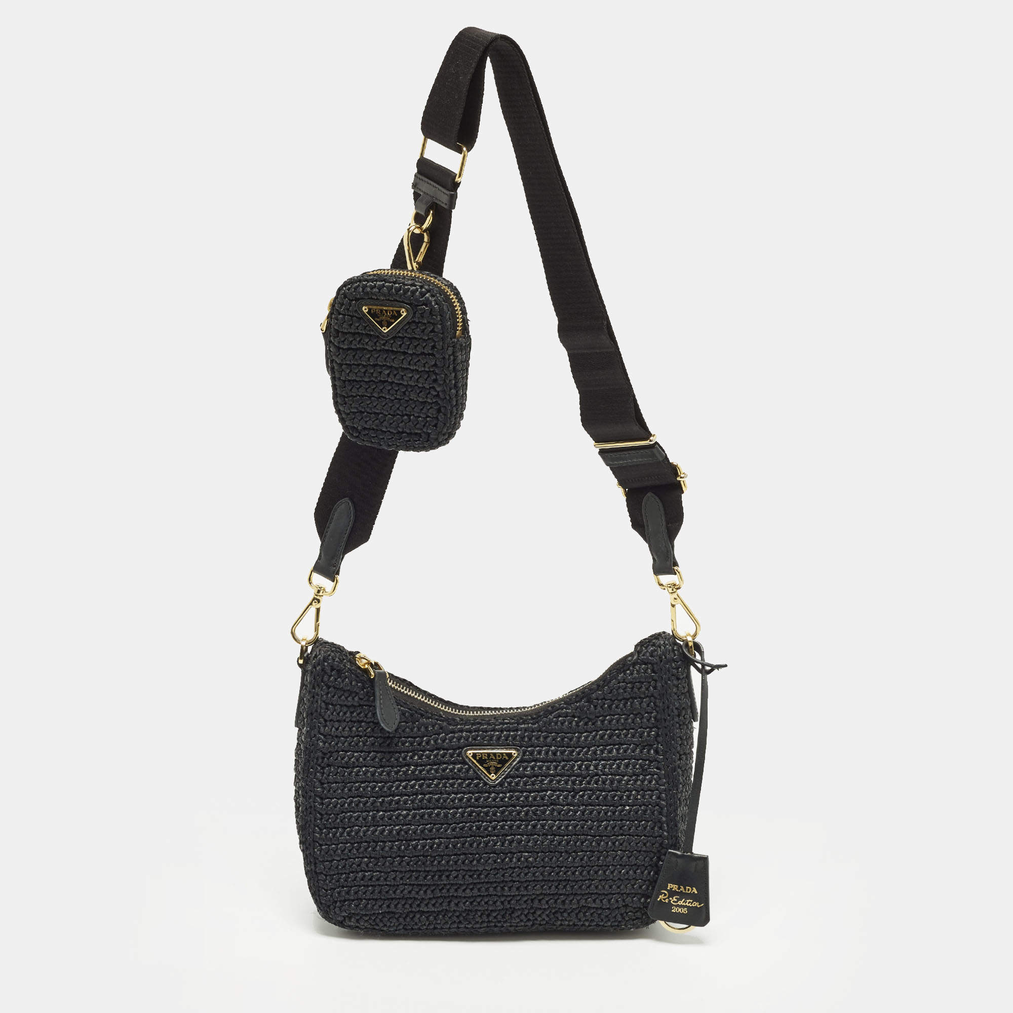 Pre Owned Prada Re-Edition 2005 Black Woven Raffia Shoulder Bag