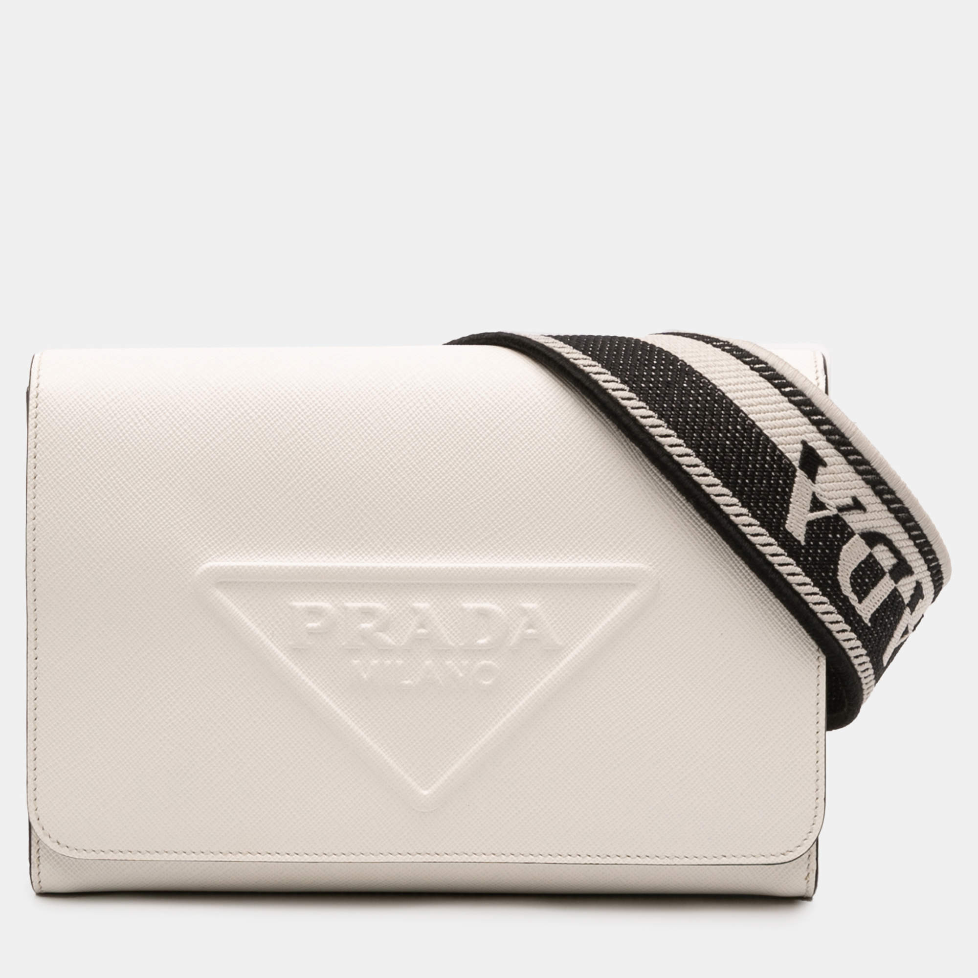 مملوكة مسبقًا Prada White Saffiano Triangle Embossed Logo Flap Crossbody