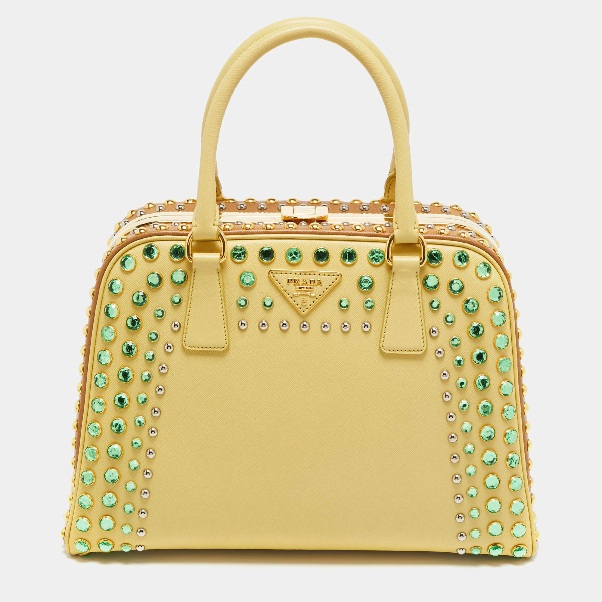 Pre Owned Prada Pyramid Frame Yellow/Brown Saffiano Lux Leather Crystal Embellished Satchel