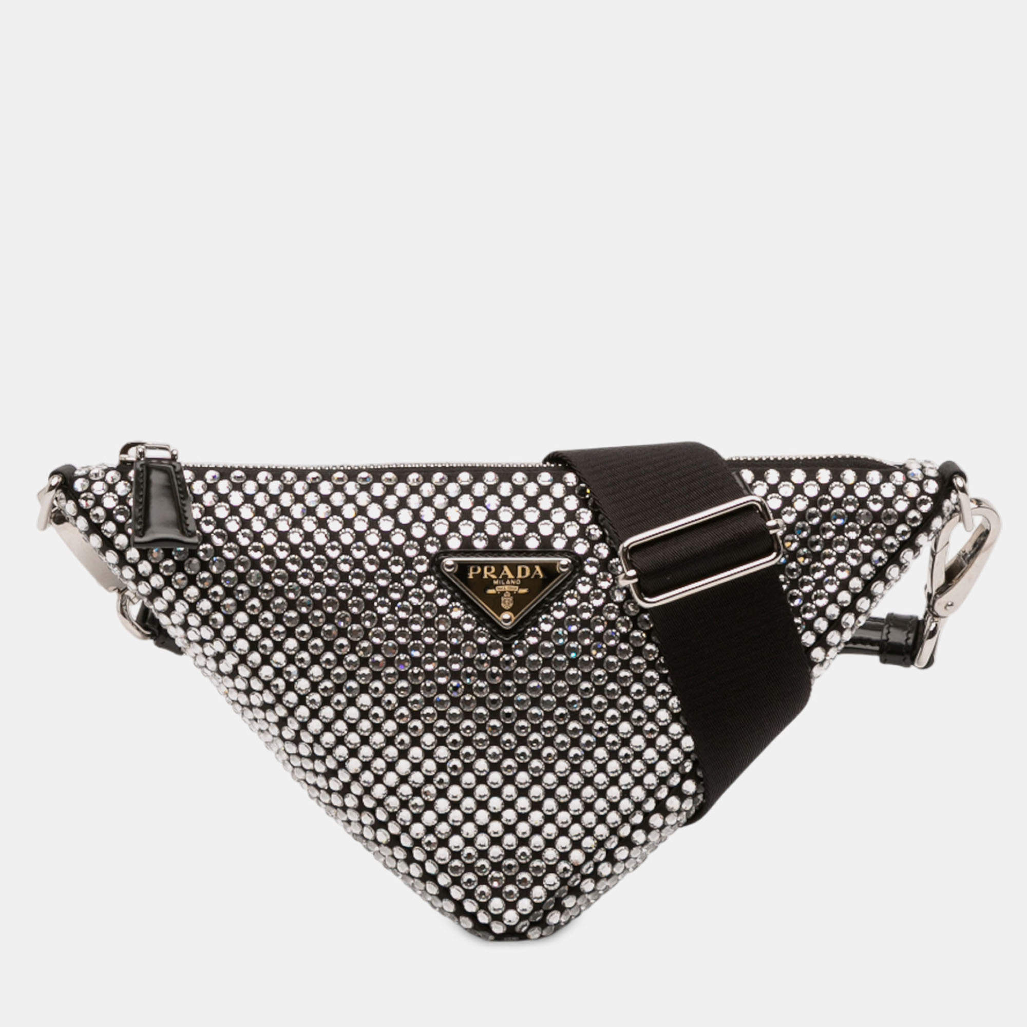 مملوكة مسبقًا Prada Black Crystal Embellished Satin Triangle Pouch