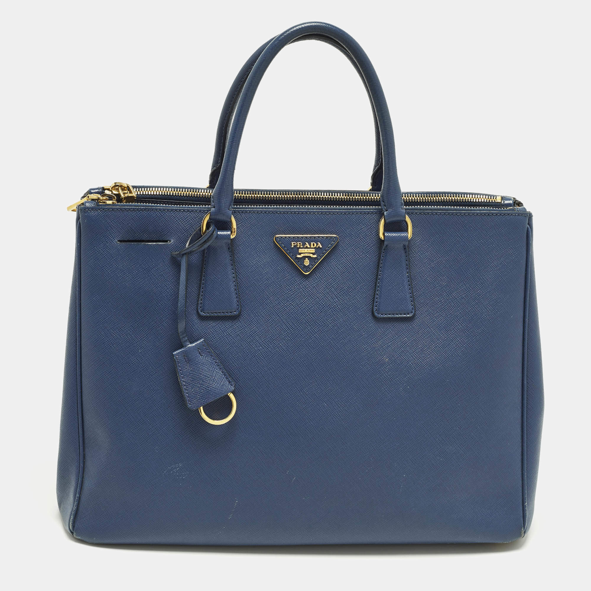Pre Owned Prada Galleria Large Navy Blue Saffiano Lux Leather Double Zip Tote