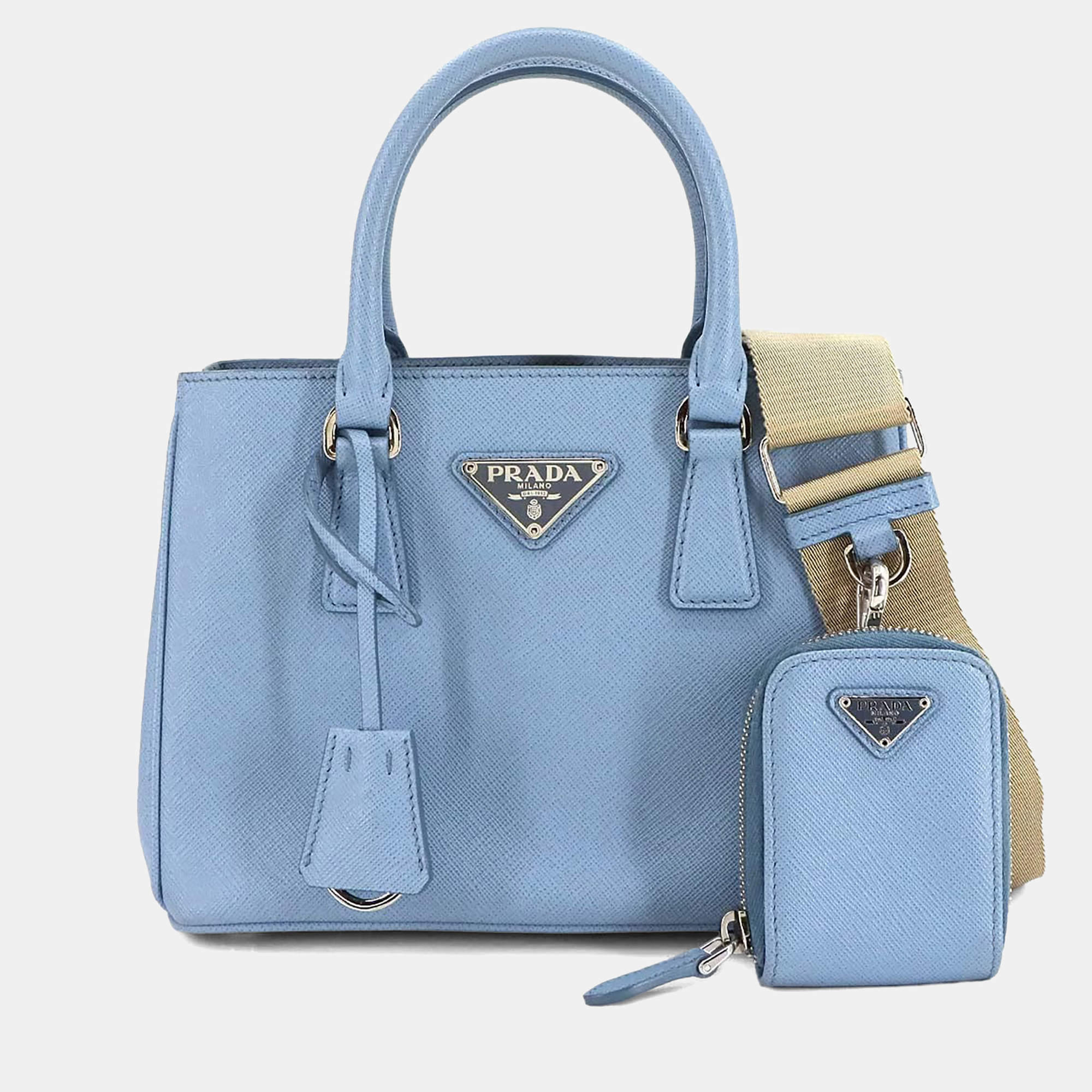 Pre Owned Prada Galleria Mini Light Blue Saffiano Leather Shoulder Bag