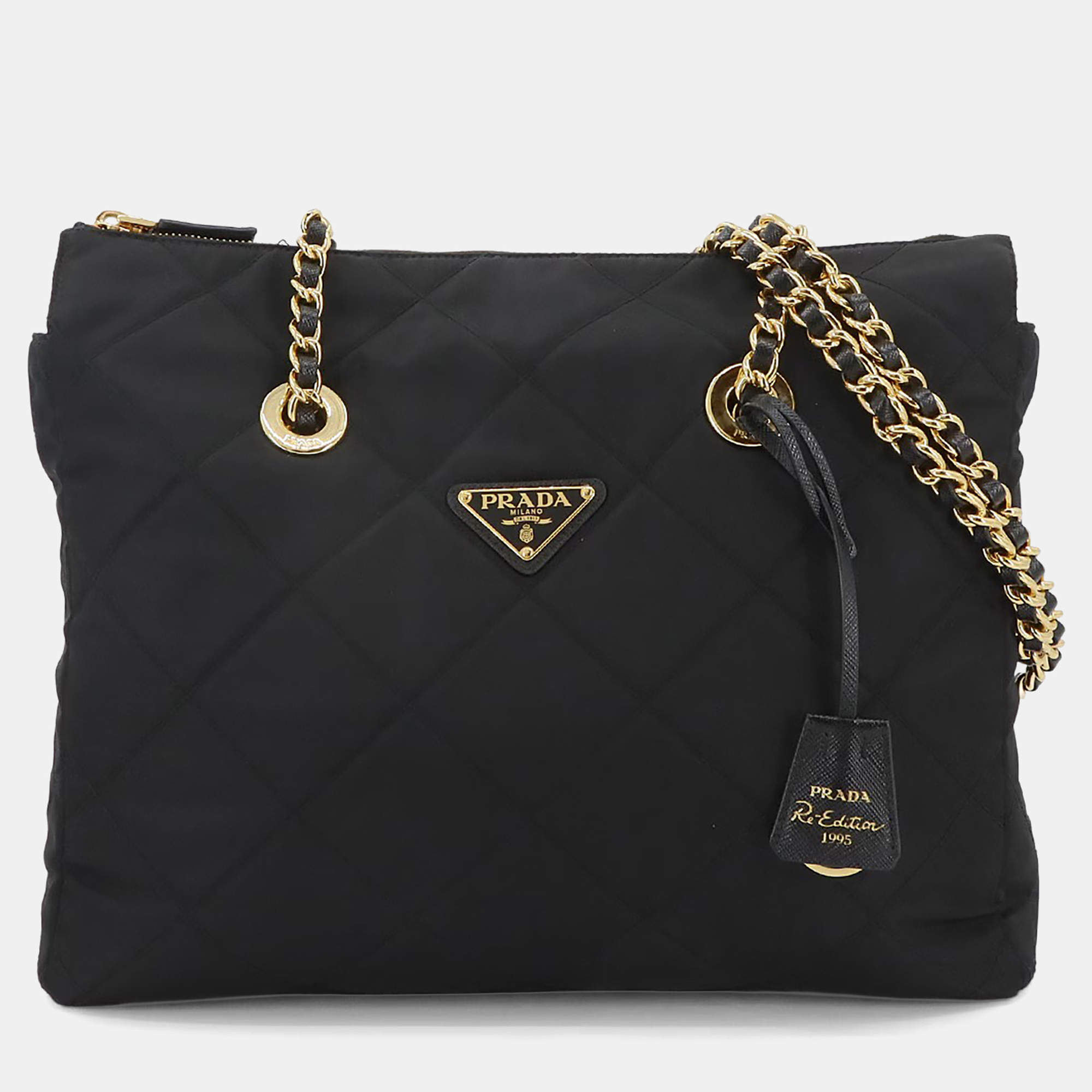 Pre Owned Prada Chain Black Nylon Saffiano Leather Tote Bag