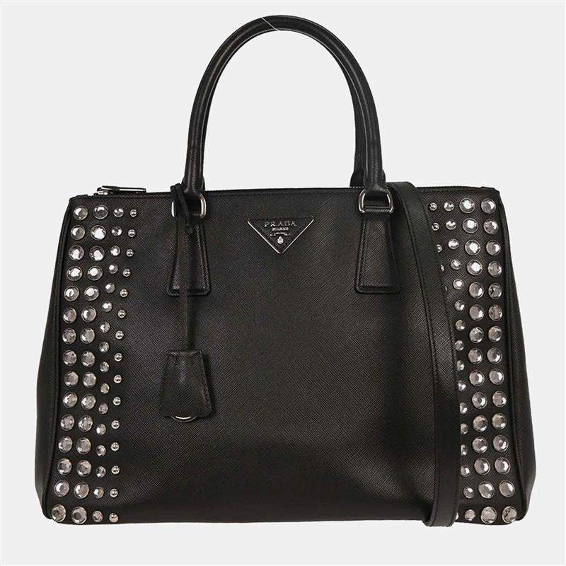 Pre Owned Prada Black Leather Galleria Double Zip Tote Studded 2Way Handbag
