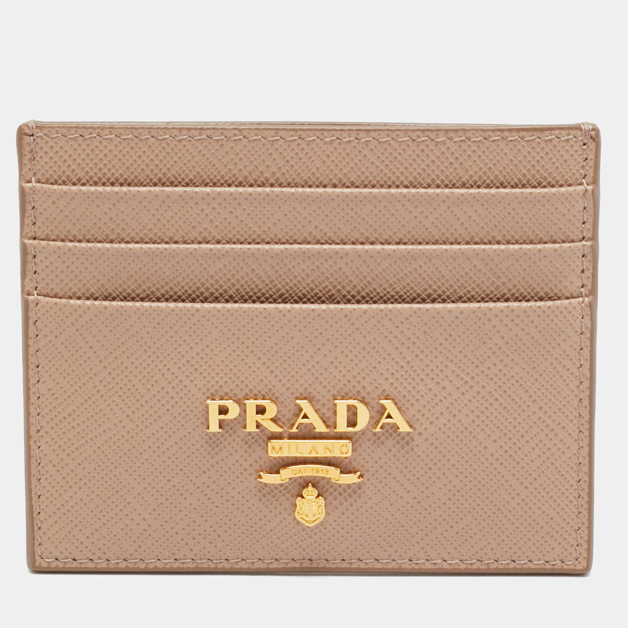 Pre Owned Prada Logo Beige Saffiano Leather Card Holder