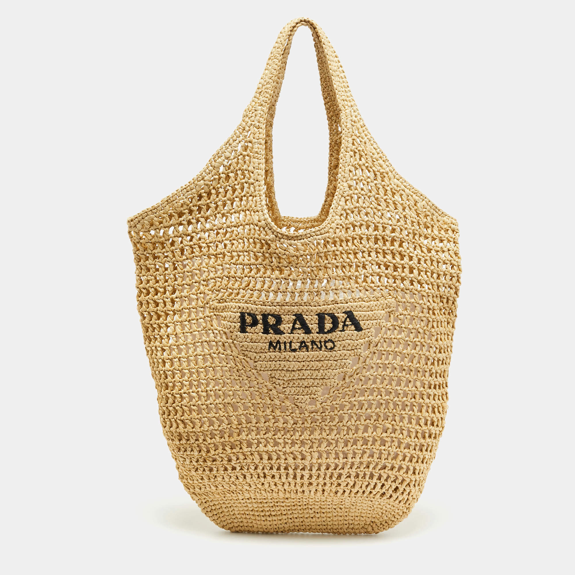 Pre Owned Prada Logo Cream/Black Woven Raffia Beach Bag