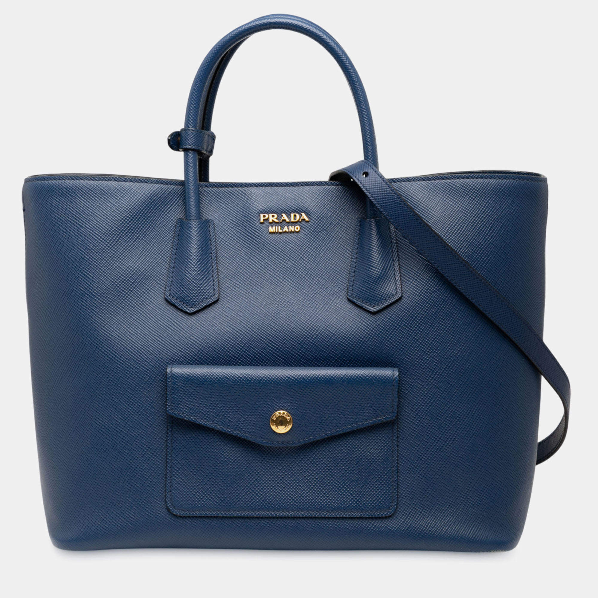 Pre Owned Prada Blue Saffiano Cuir Front Pocket Convertible Tote