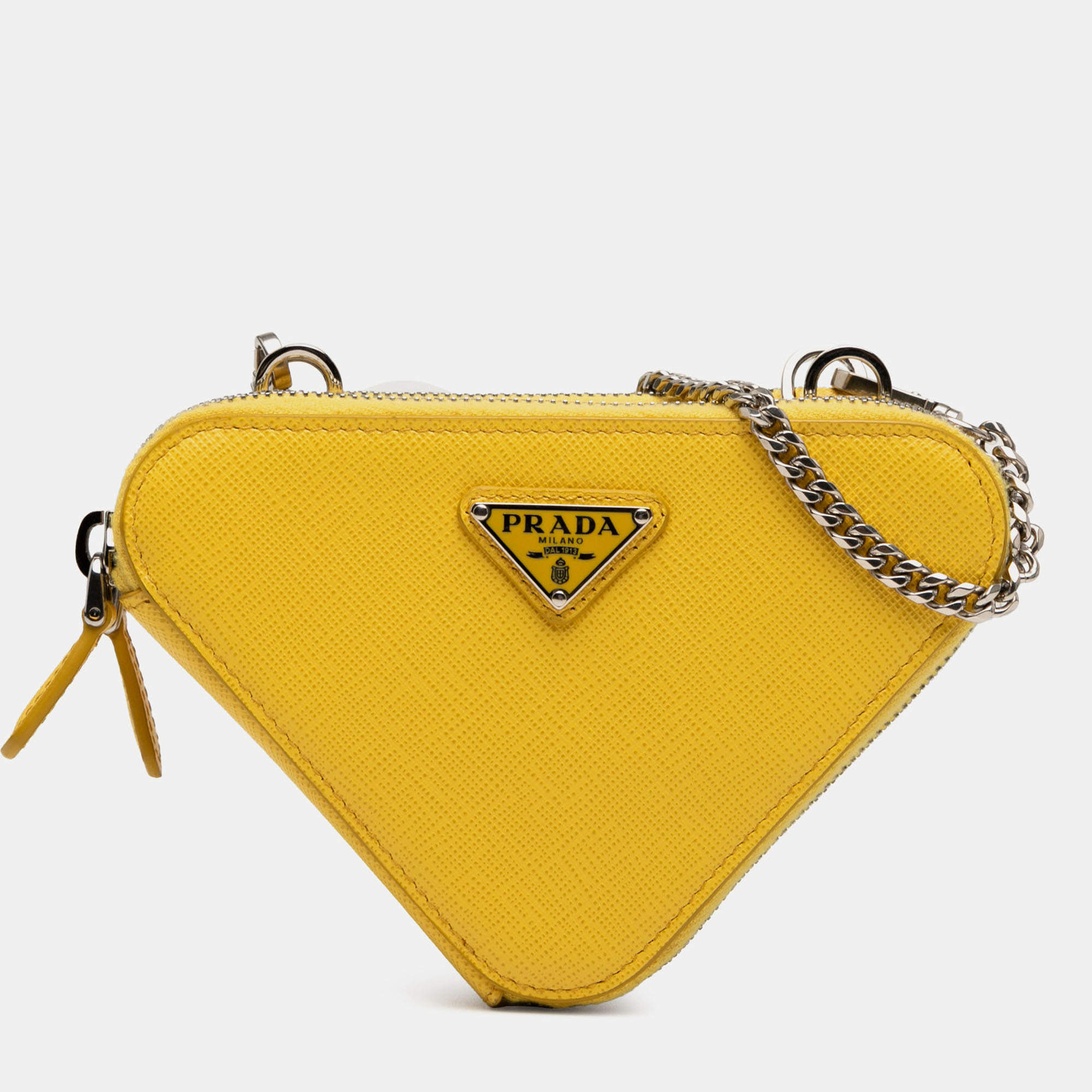 Pre Owned Prada Yellow Mini Saffiano Lux Double Triangle Satchel