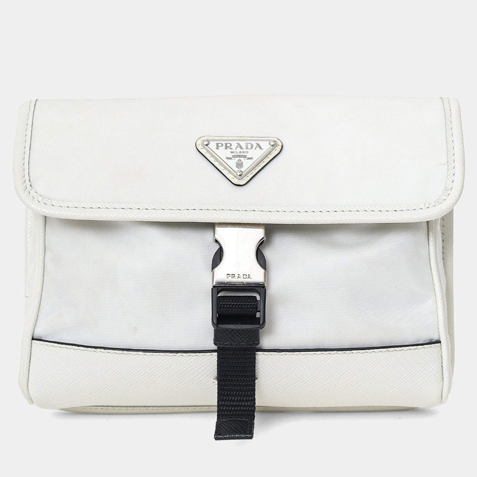 Pre Owned حقيبة برادا كروس بودي موبايل نايلون/جلد سافيانو أبيض