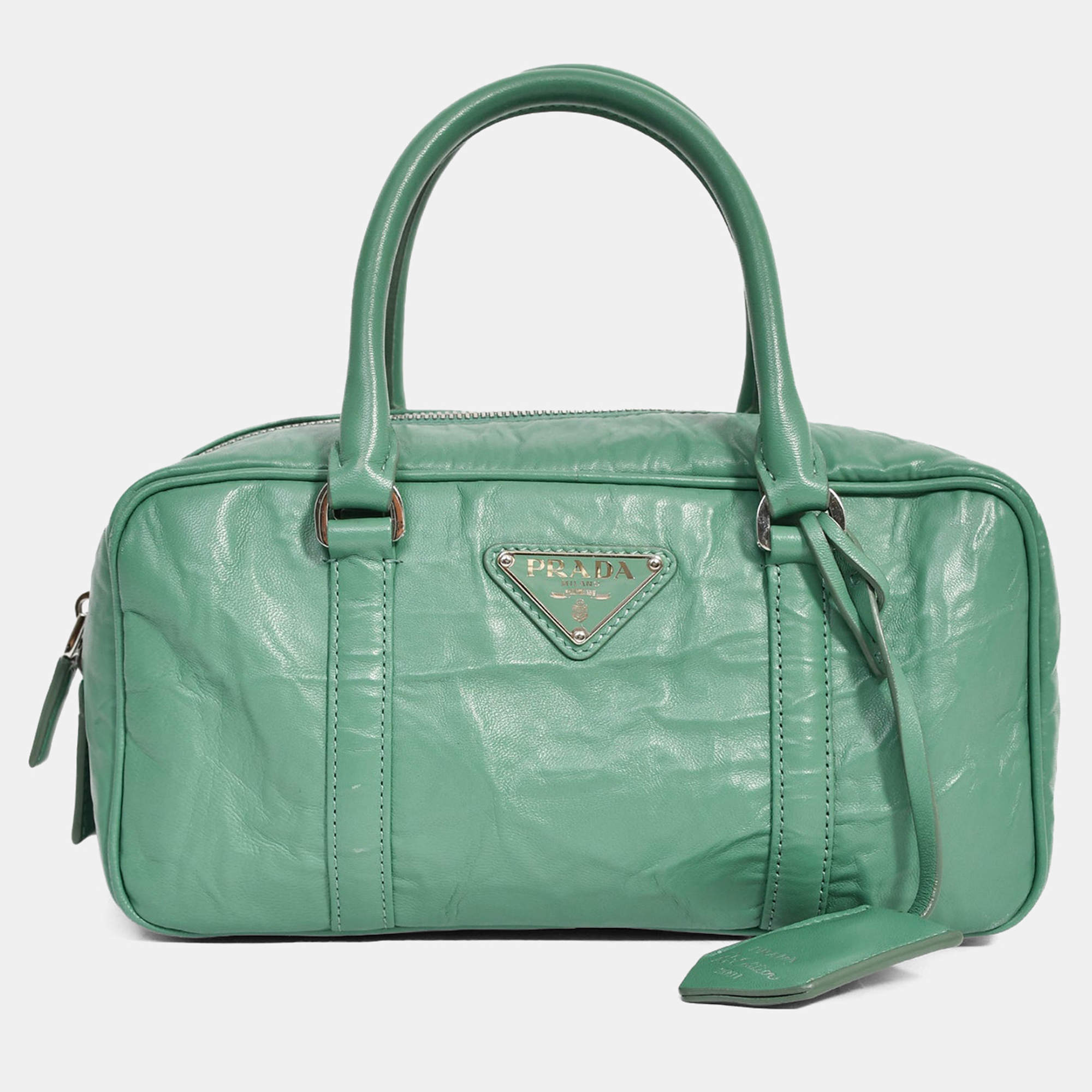 Pre Owned Prada Green Antique Nappa Leather Triangle Logo Top Handle
