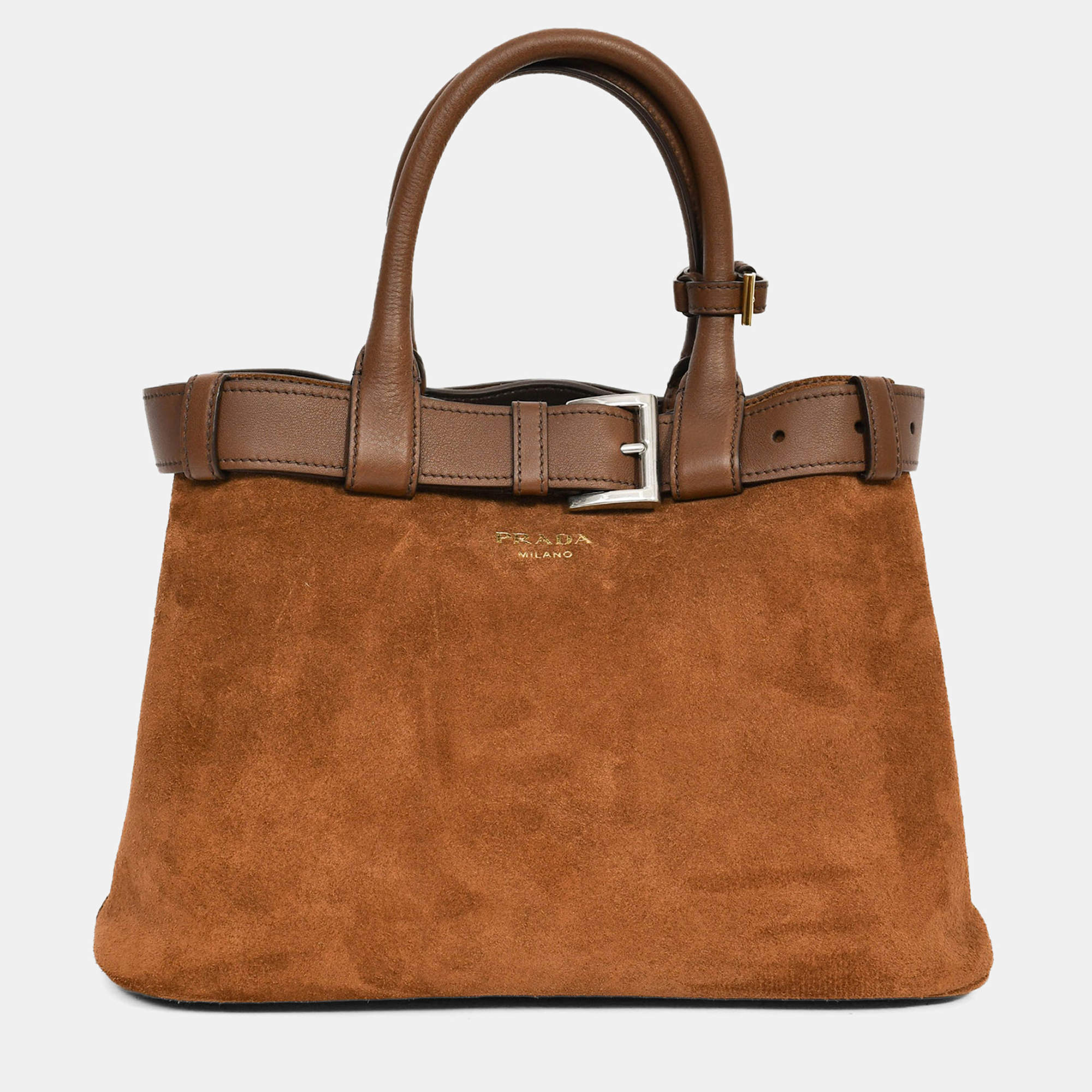 Pre Owned Prada Brown Suede/Leather Buckle Bag with Strap