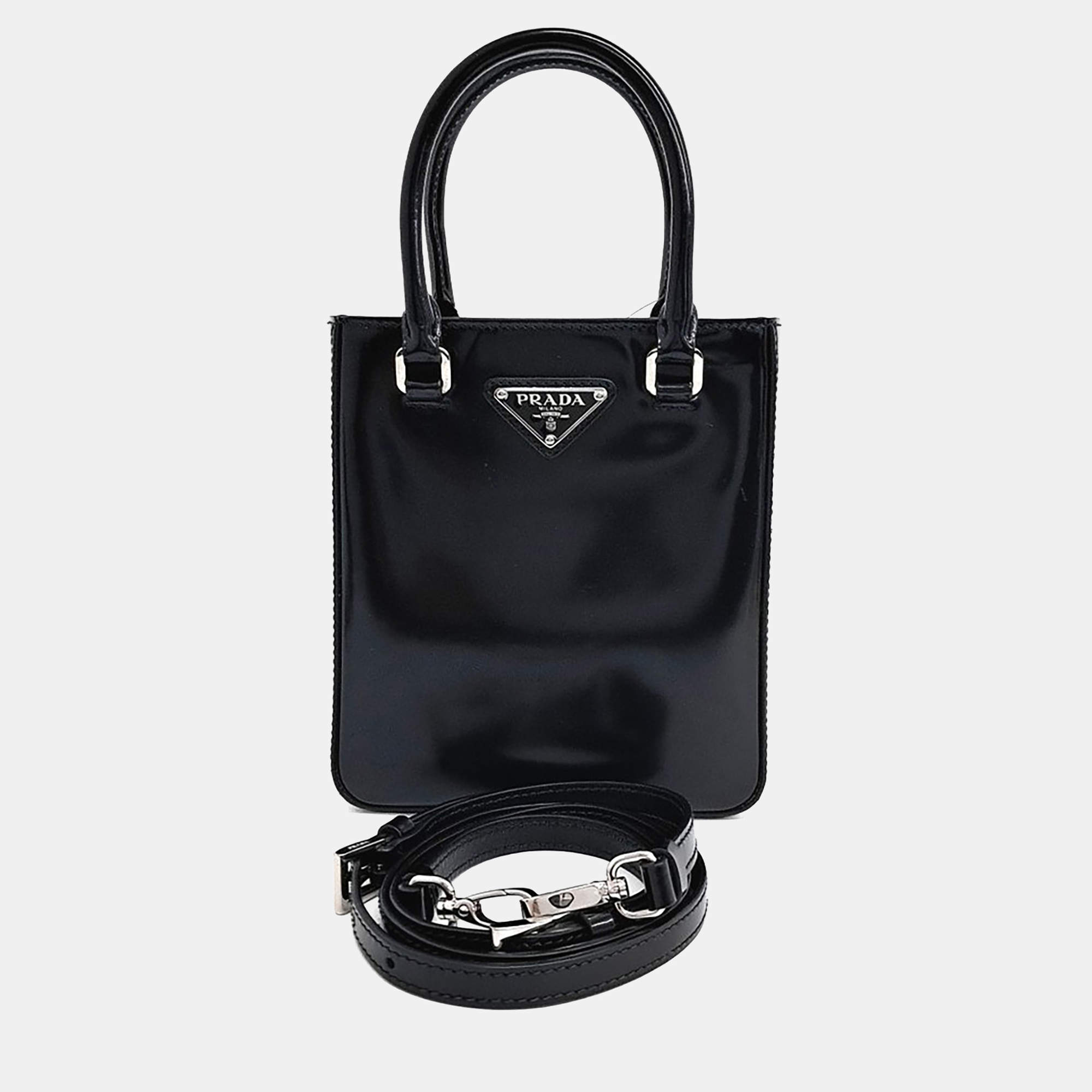Pre Owned Prada Black Leather Small Brushed Tote Bag