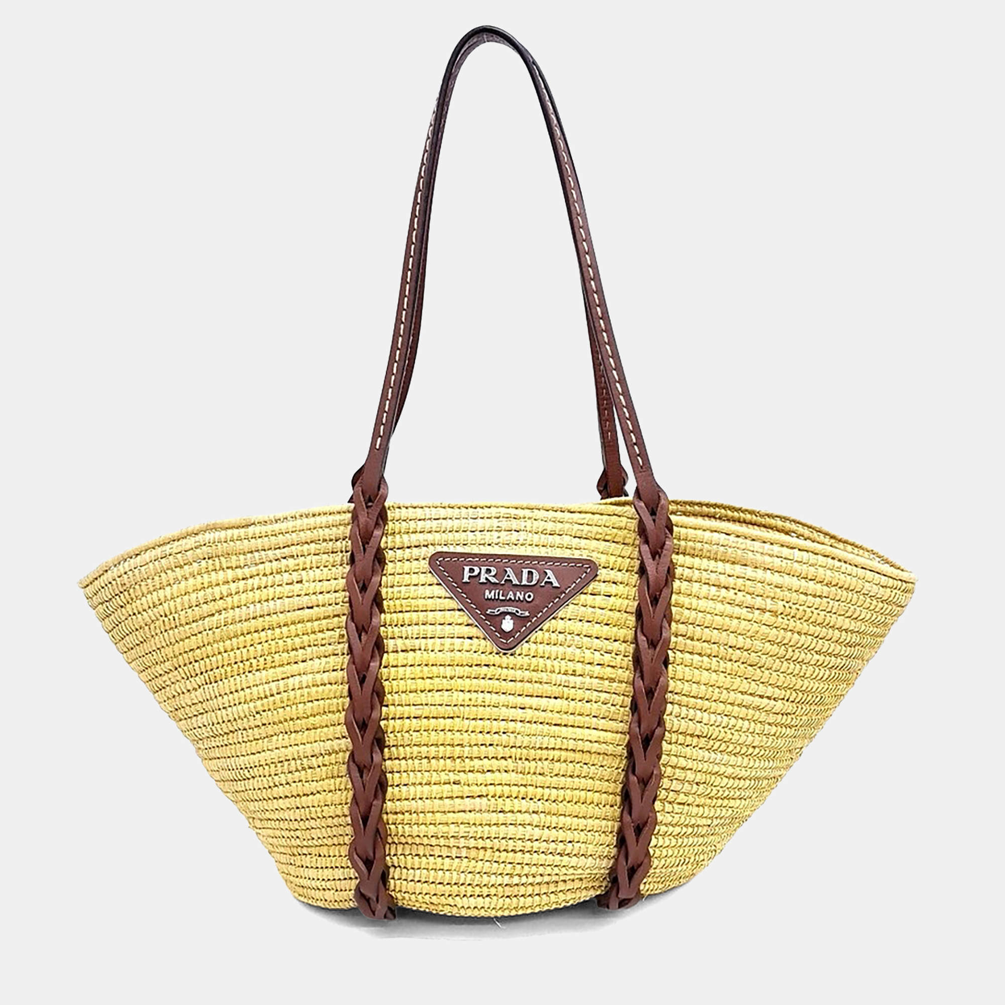 Pre Owned حقيبة برادا سلة من القش الرافيا بلون البيج