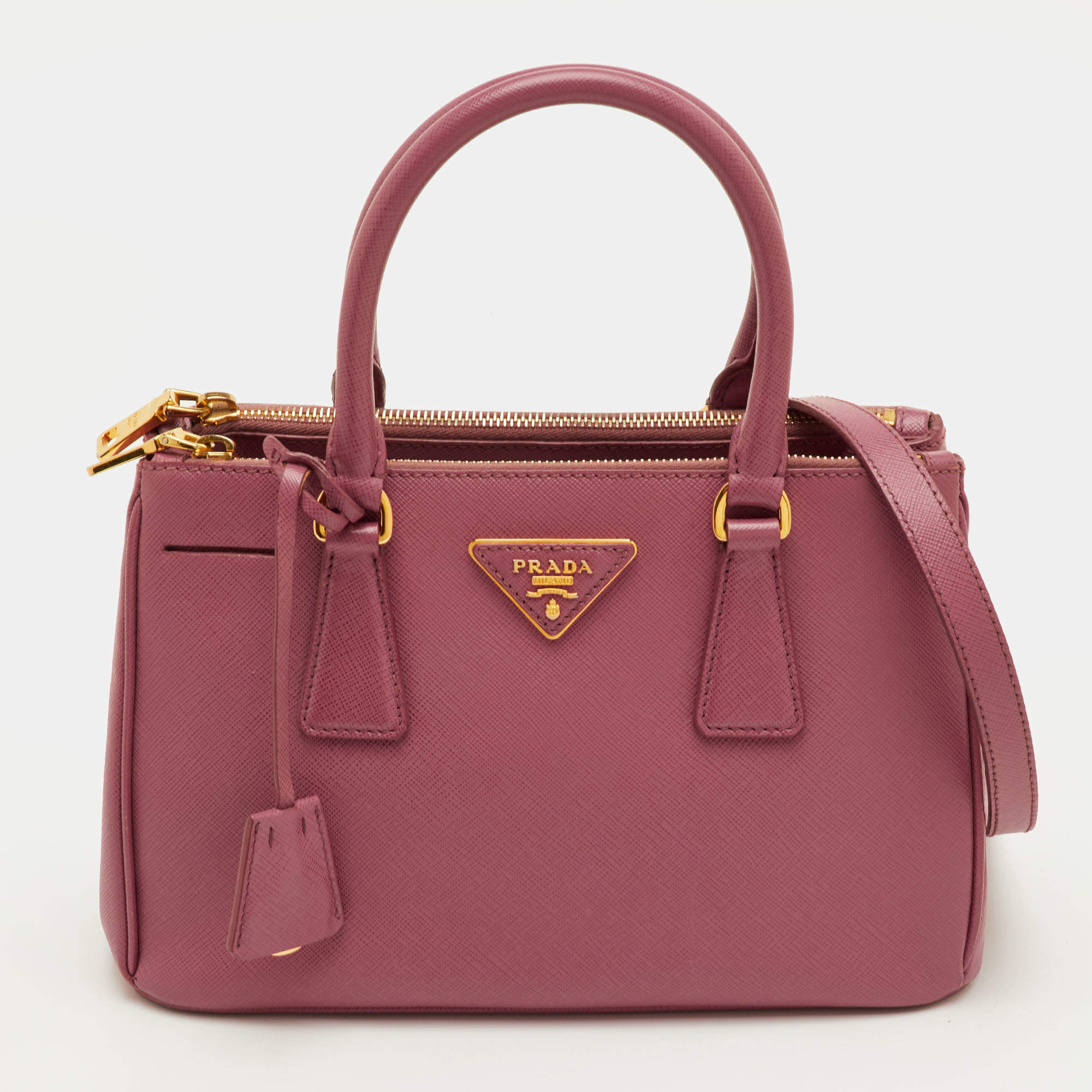 Pre Owned Prada Galleria Small Pink Saffiano Lux Leather Double Zip Tote