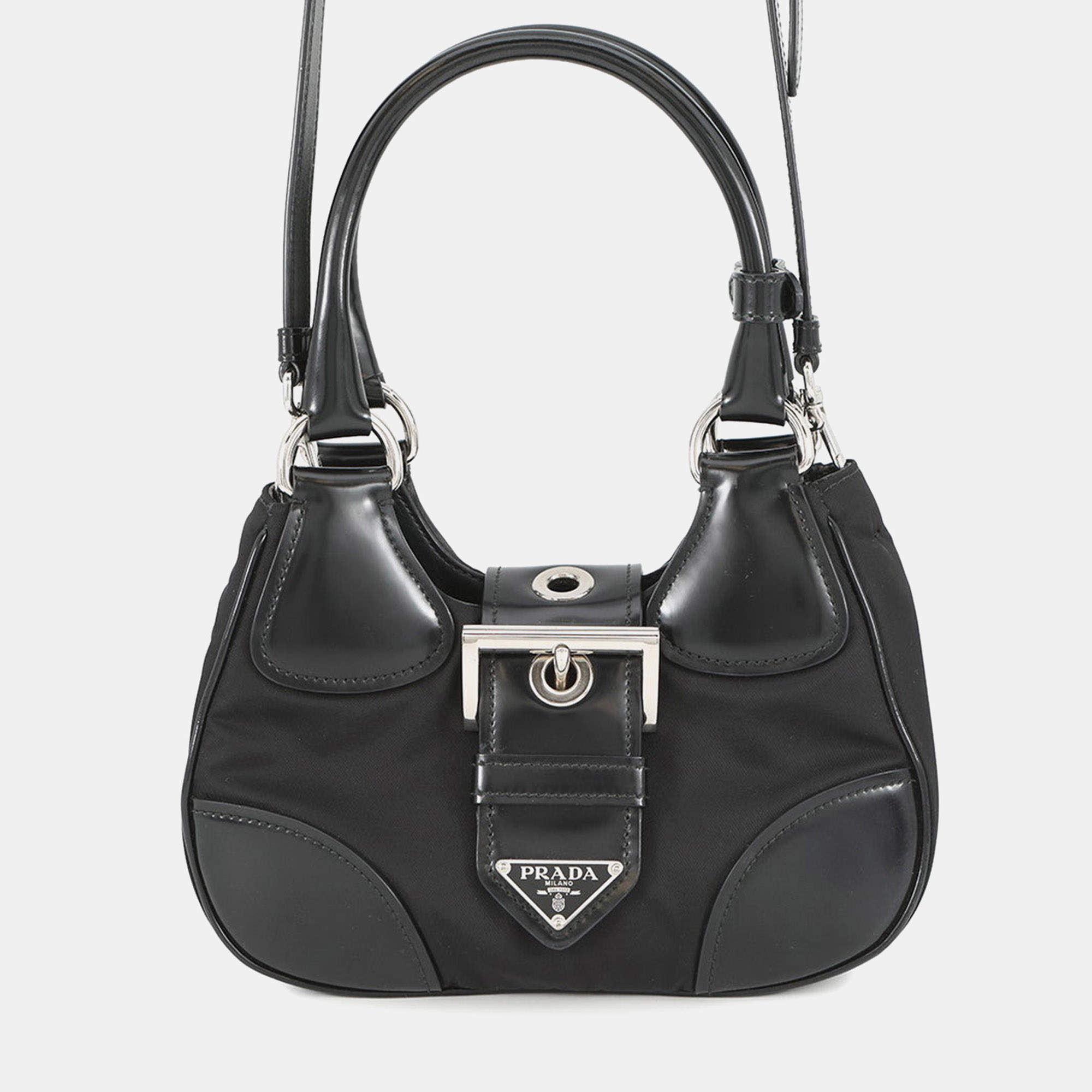 Pre Owned Prada Moon Re-Nylon 2Way Handbag Black Leather Nylon