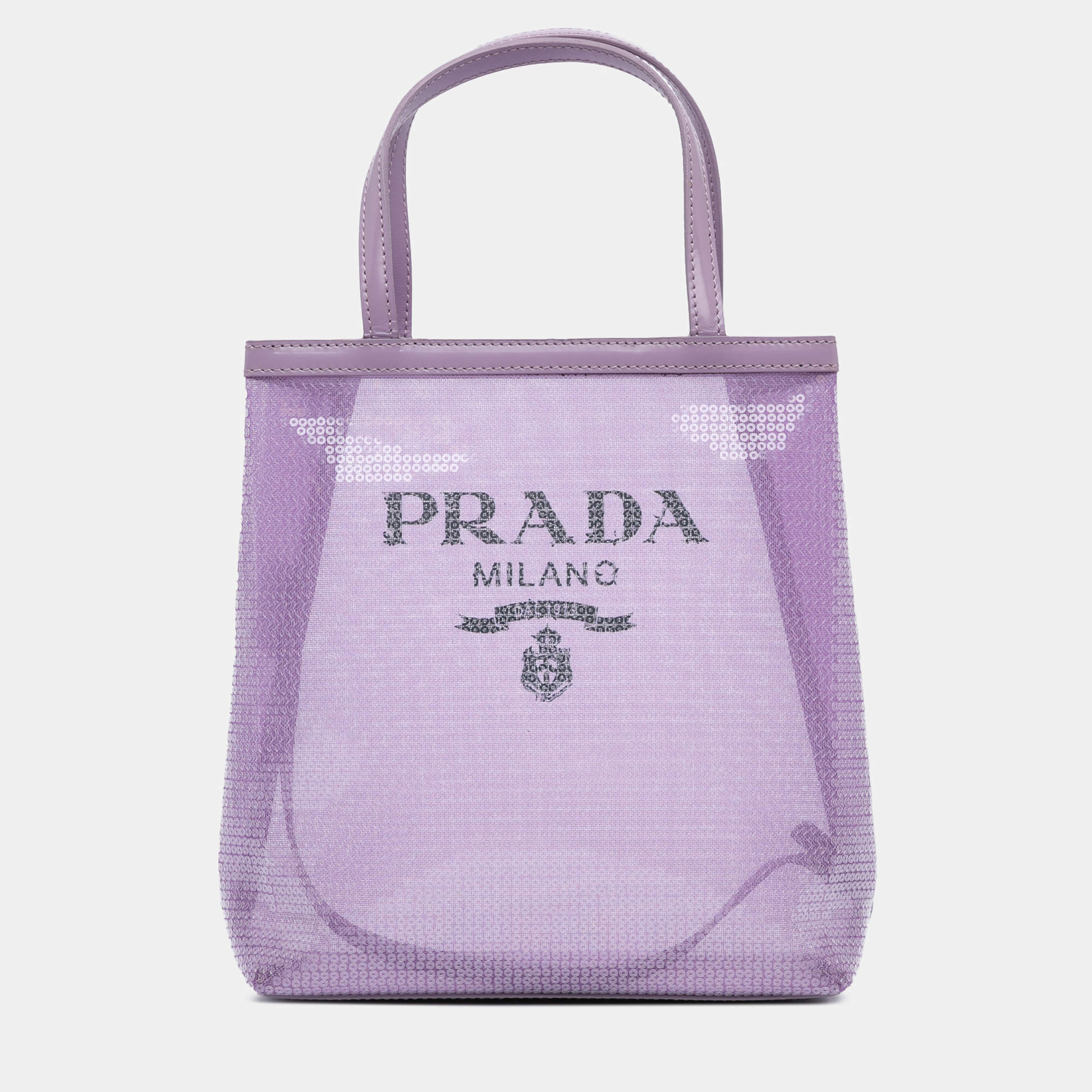 Pre Owned Prada Purple Small Sequined Mesh Logo Tote