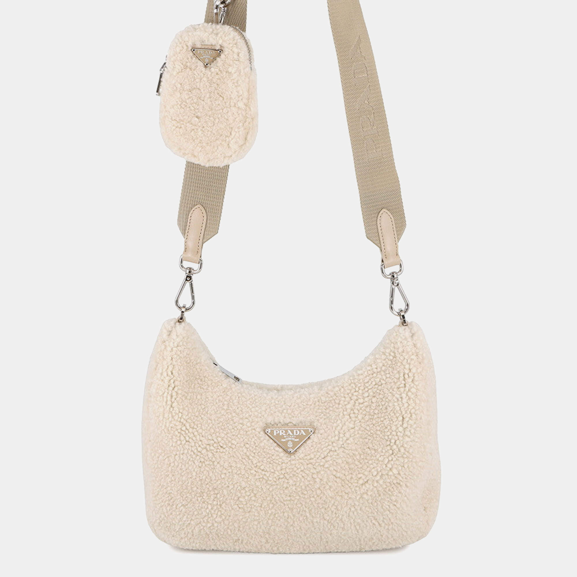 Pre Owned Prada Hobo Bag Shoulder Bag Beige Pile