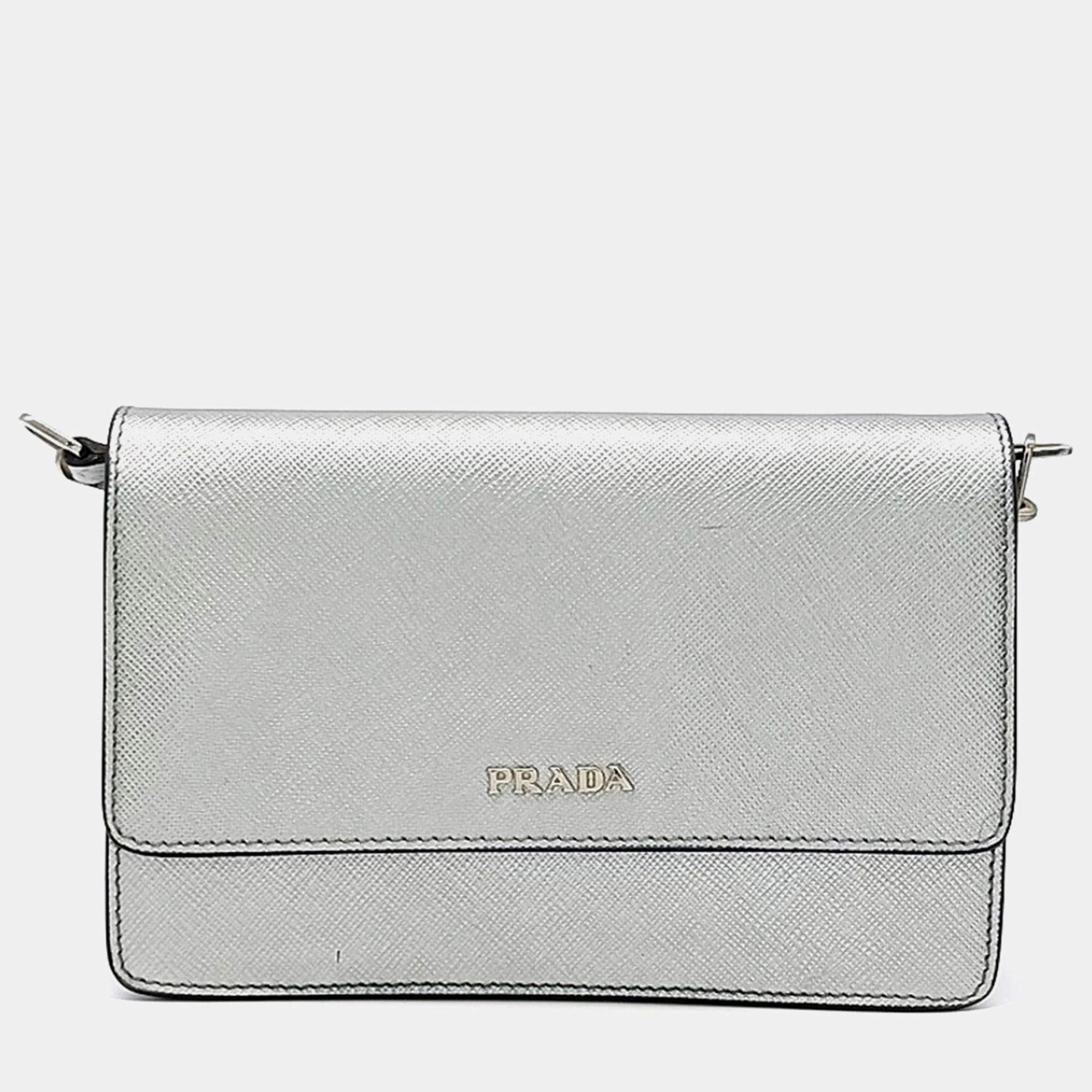 Pre Owned حقيبة كروس بودي صغيرة برادا جلد سافيانو رمادي