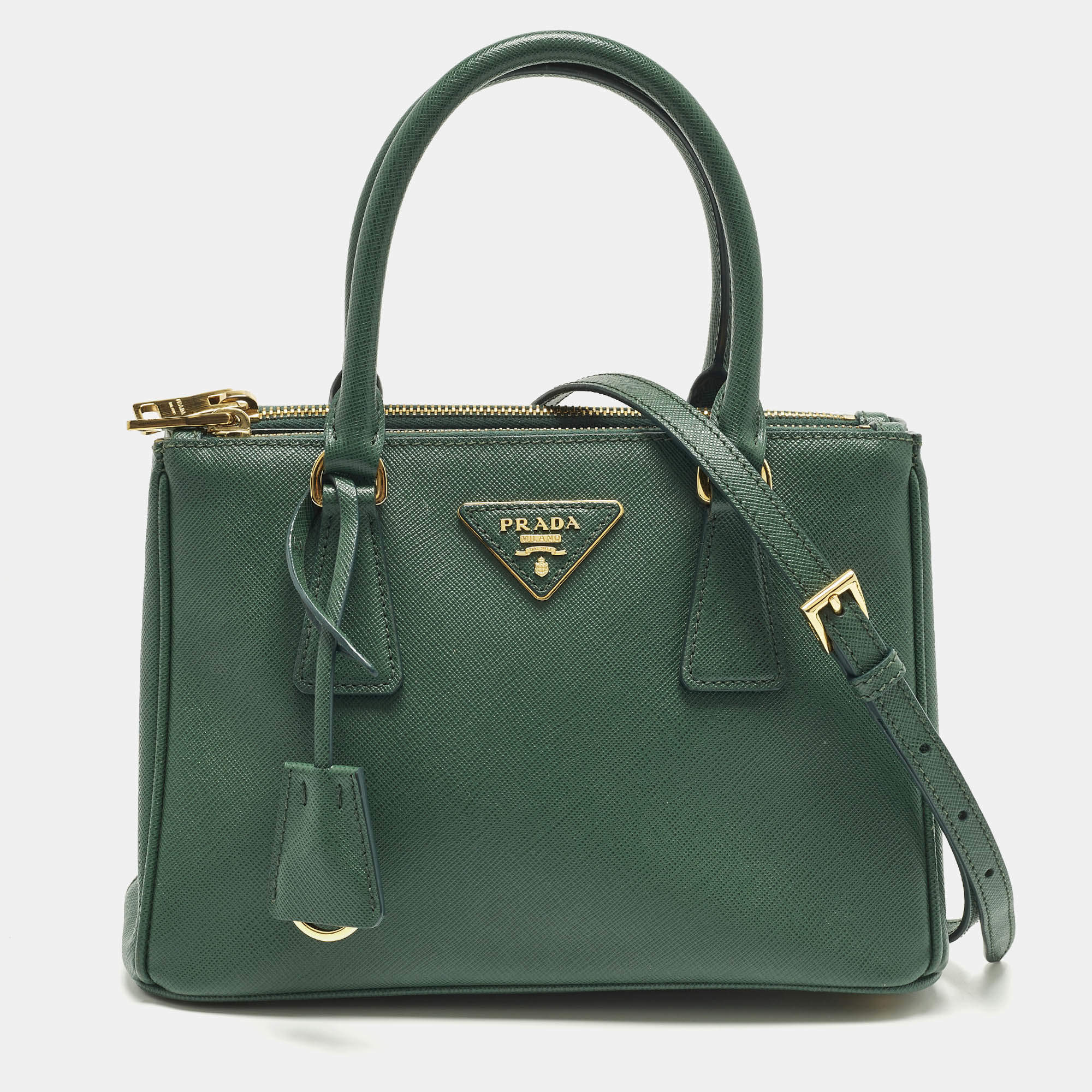 مملوكة مسبقًا Prada Galleria Double Zip Small Green Saffiano Lux Leather Tote