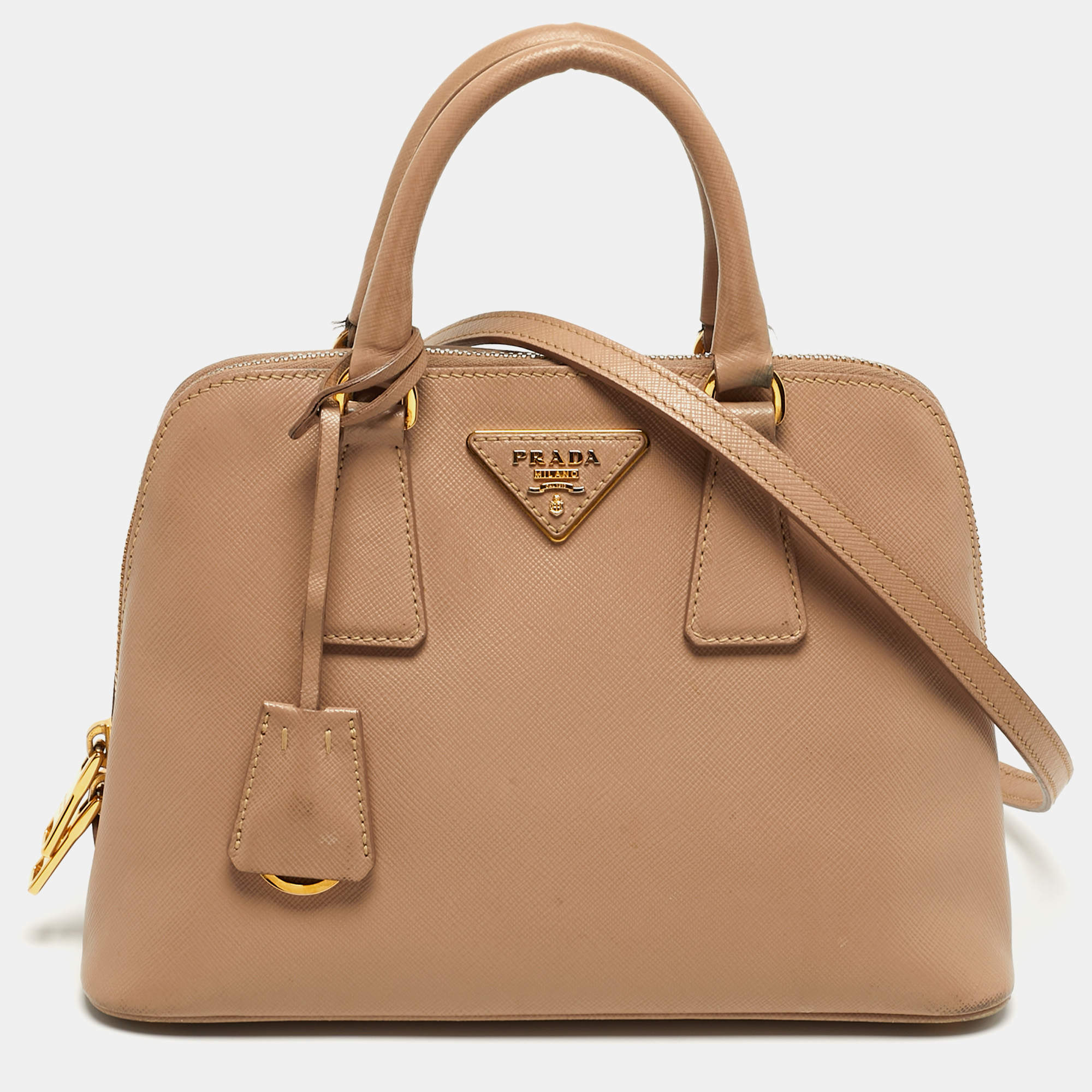 Pre Owned Prada Promenade Small Beige Saffiano Lux Leather Satchel