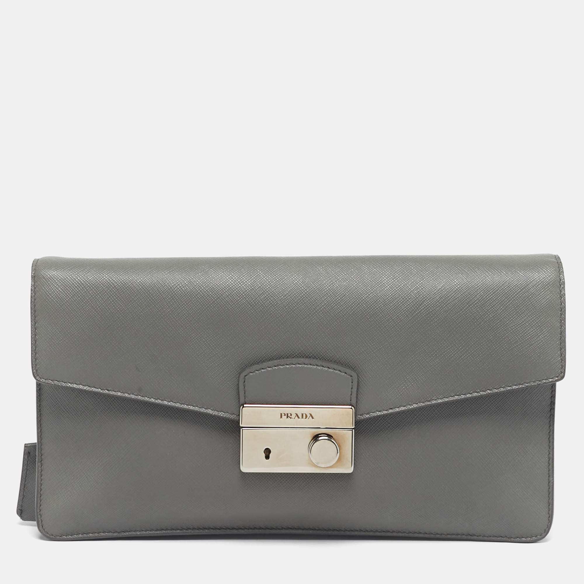 Pre Owned Prada Sound Grey Saffiano Soft Leather Clutch