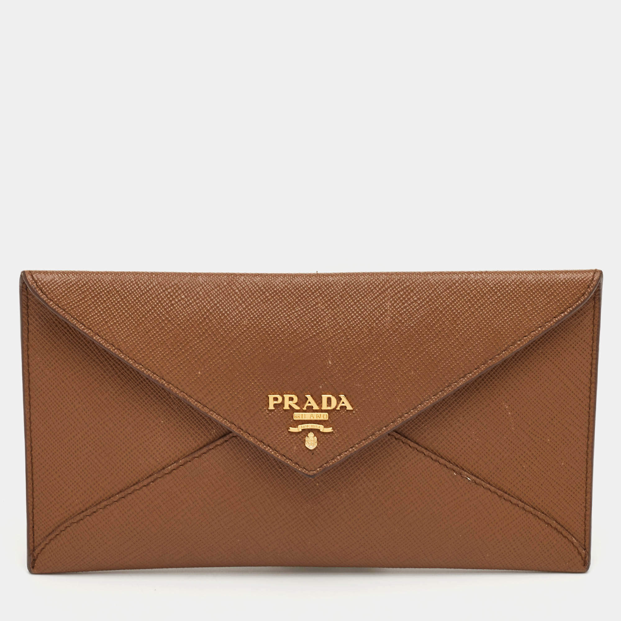 Pre Owned Prada Move Brown Saffiano Leather Envelope Wallet