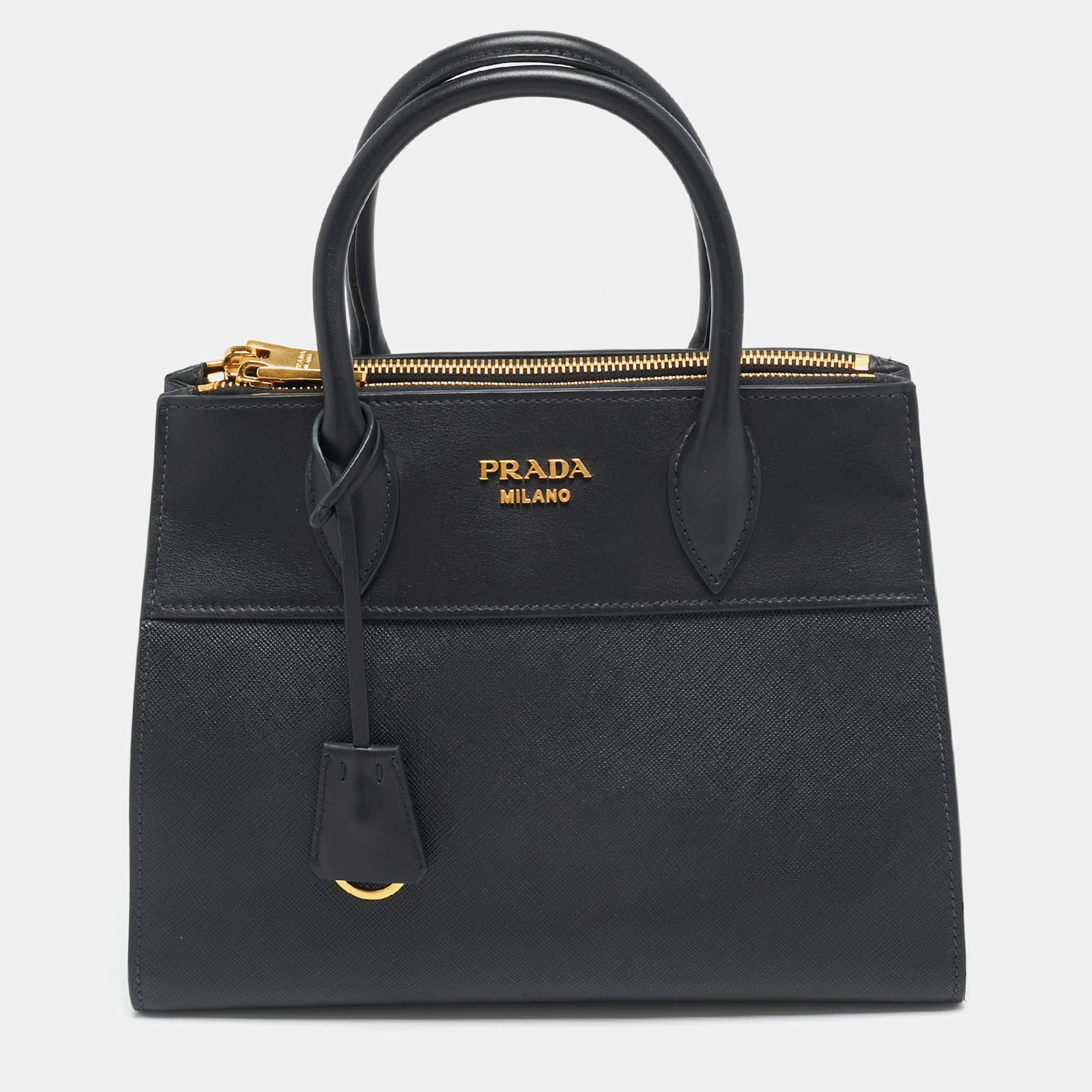 Pre Owned Prada Esplanade Black Saffiano Lux and City Leather Tote