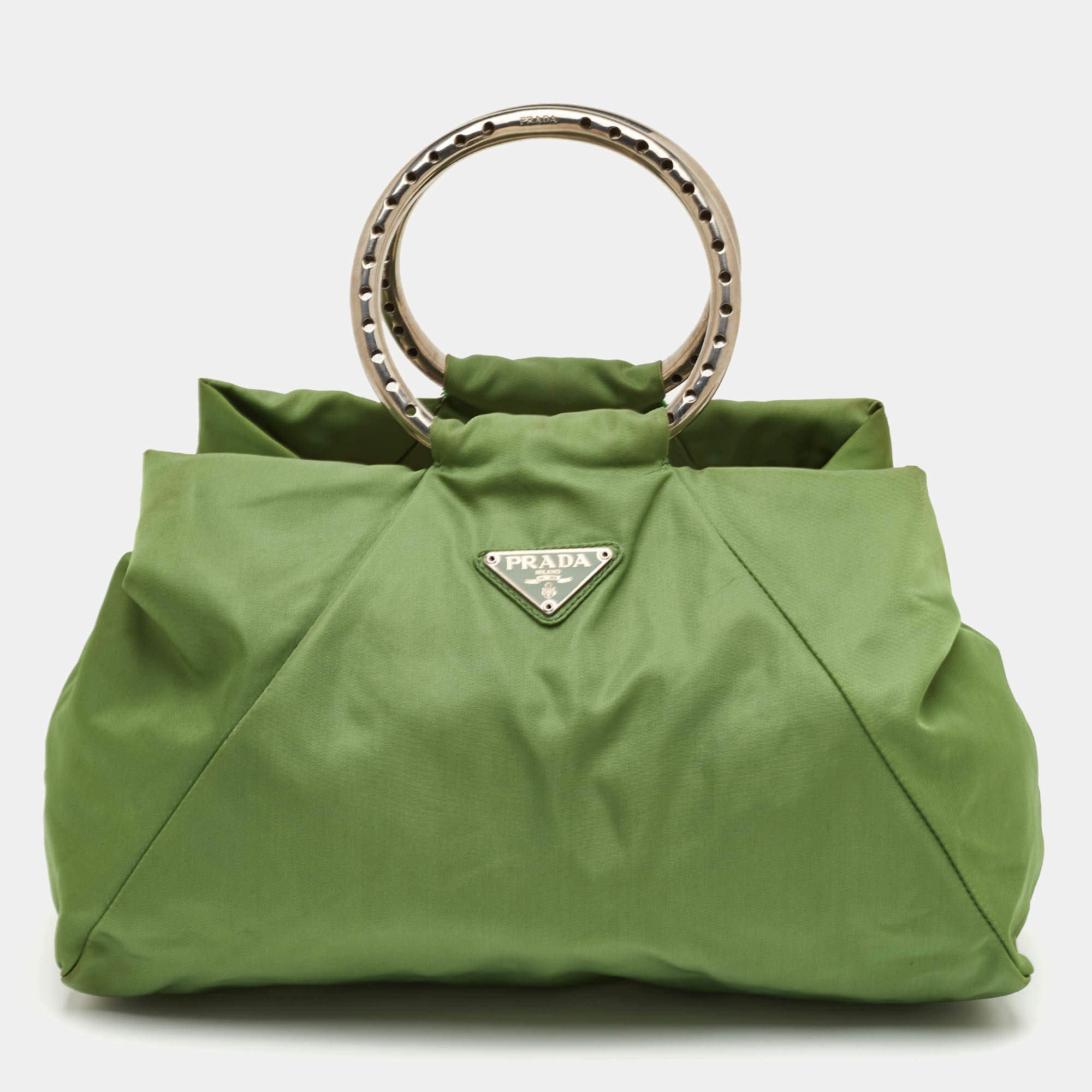 Pre Owned Prada Vintage Tessuto Green Nylon O Ring Metal Handle Tote