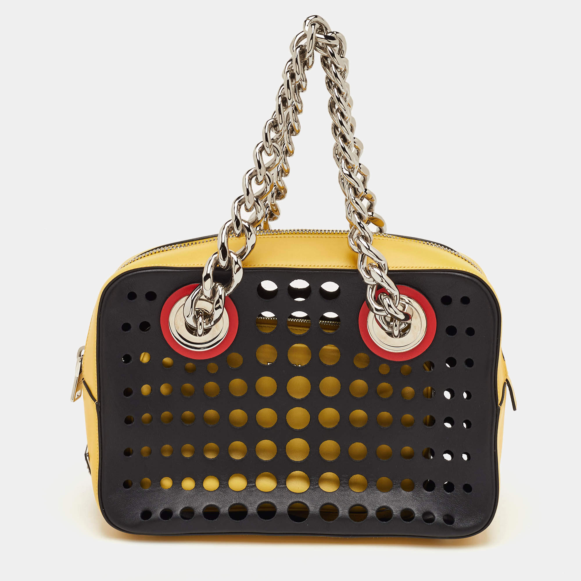 Pre Owned Prada City Fori Multicolor Leather Perforated Chain Shoulder Bag