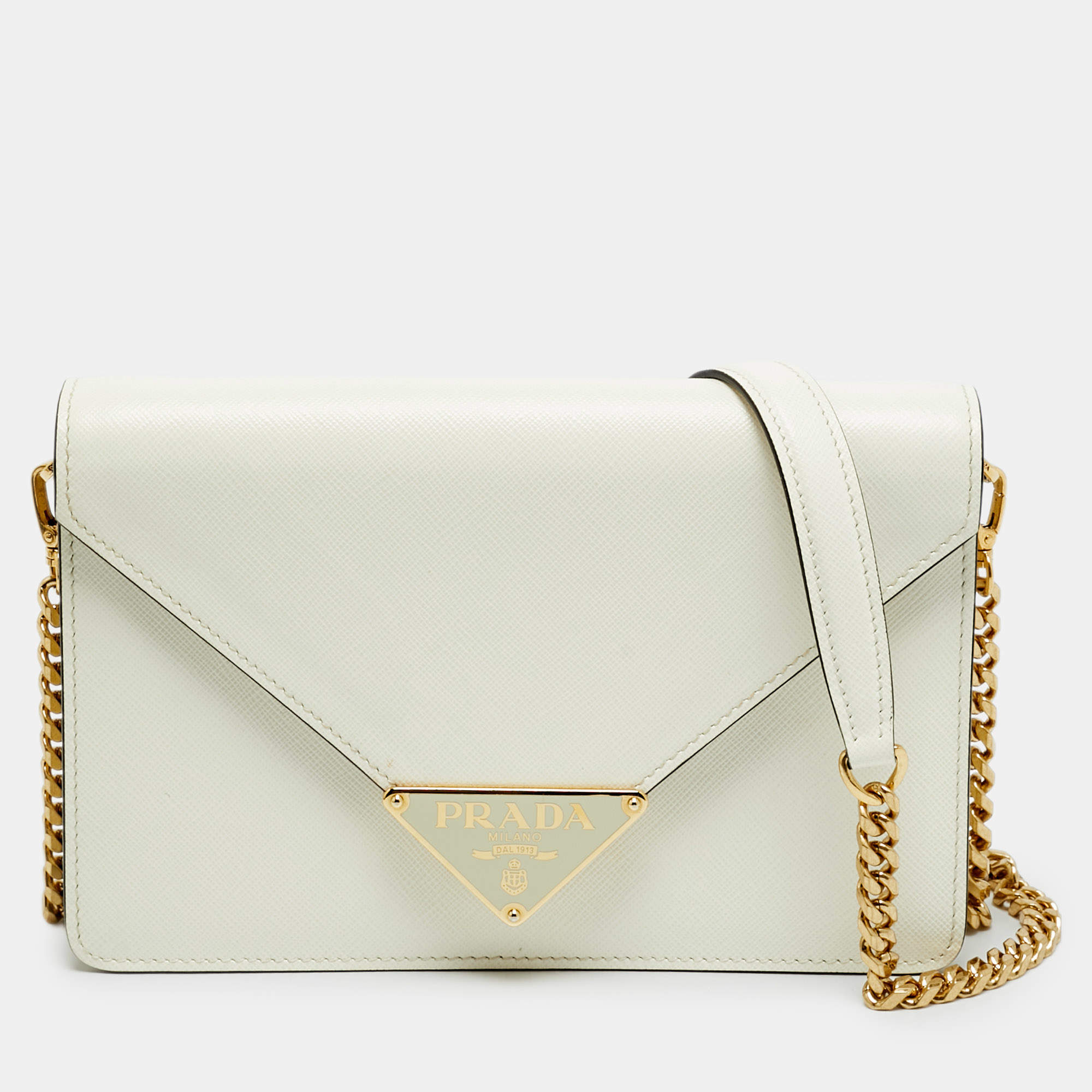 مملوكة مسبقًا Prada Triangle Logo White Saffiano Leather Shoulder Bag