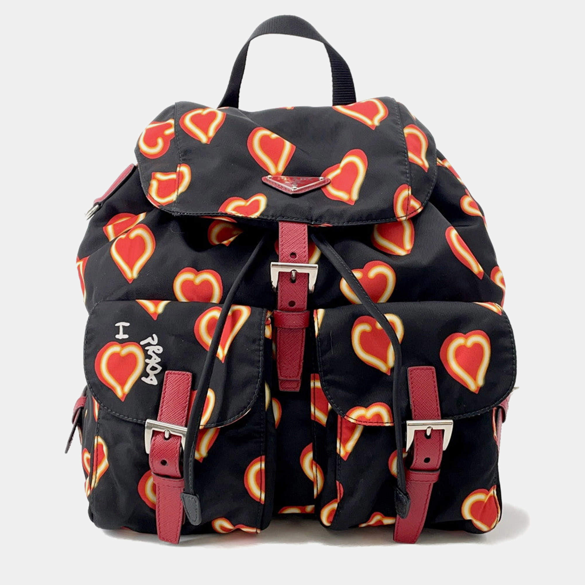 Pre Owned Prada Heart Pattern Backpack Black/Red Nylon