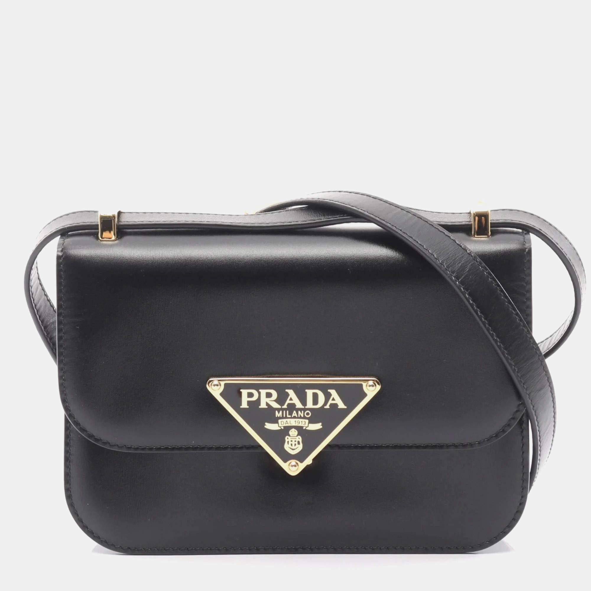 مملوكة مسبقًا Prada Emblem Box Calf Shoulder Bag Leather Black