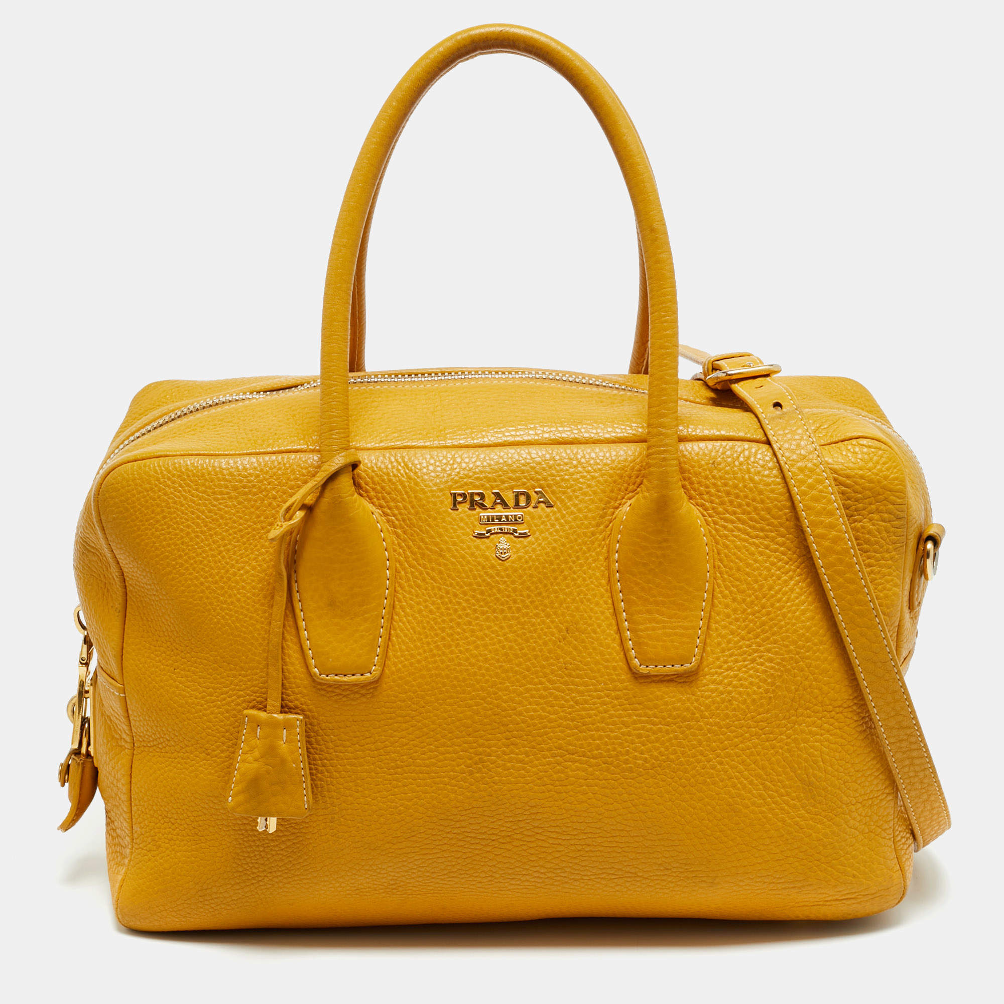 Pre Owned Prada Bauletto Mustard Vitello Diano Leather Bag