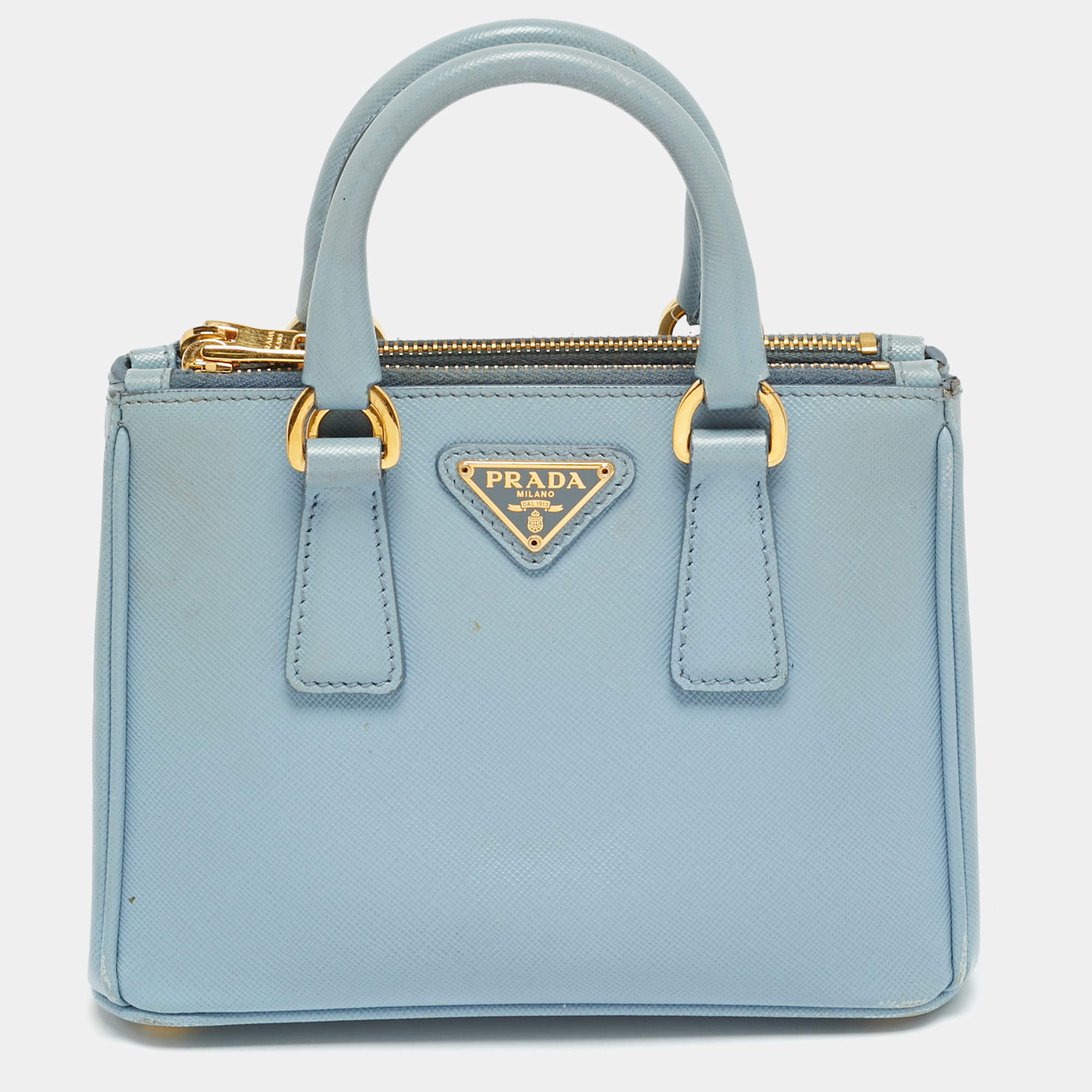 Pre Owned Prada Double Zip Mini Light Blue Saffiano Lux Leather Tote