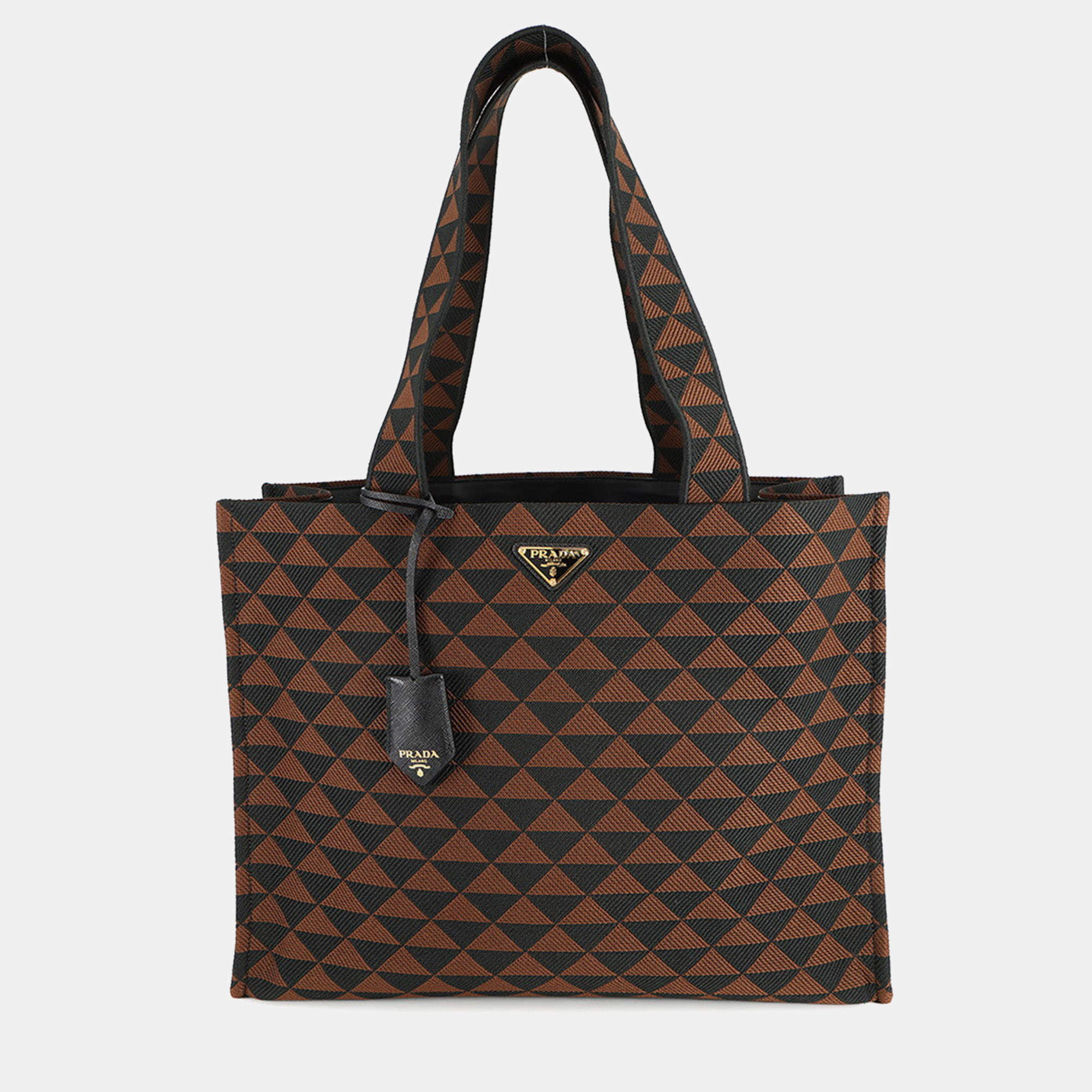 Pre Owned Prada Triangle Jacquard Tote Bag Brown/Black Canvas Leather