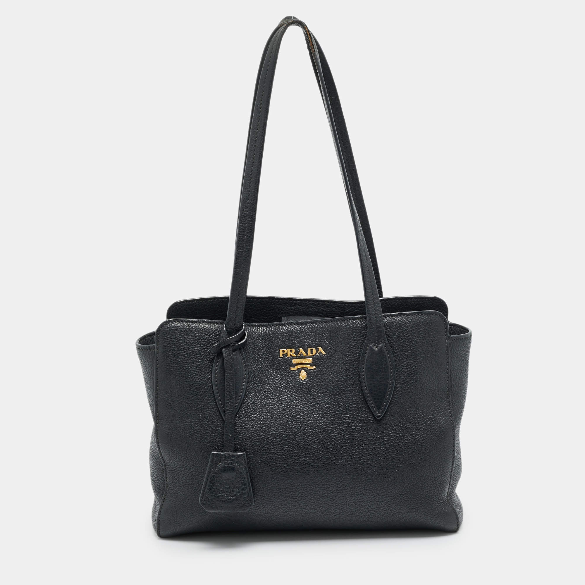 Pre Owned Prada Vitello Phenix Small Black Leather Tote