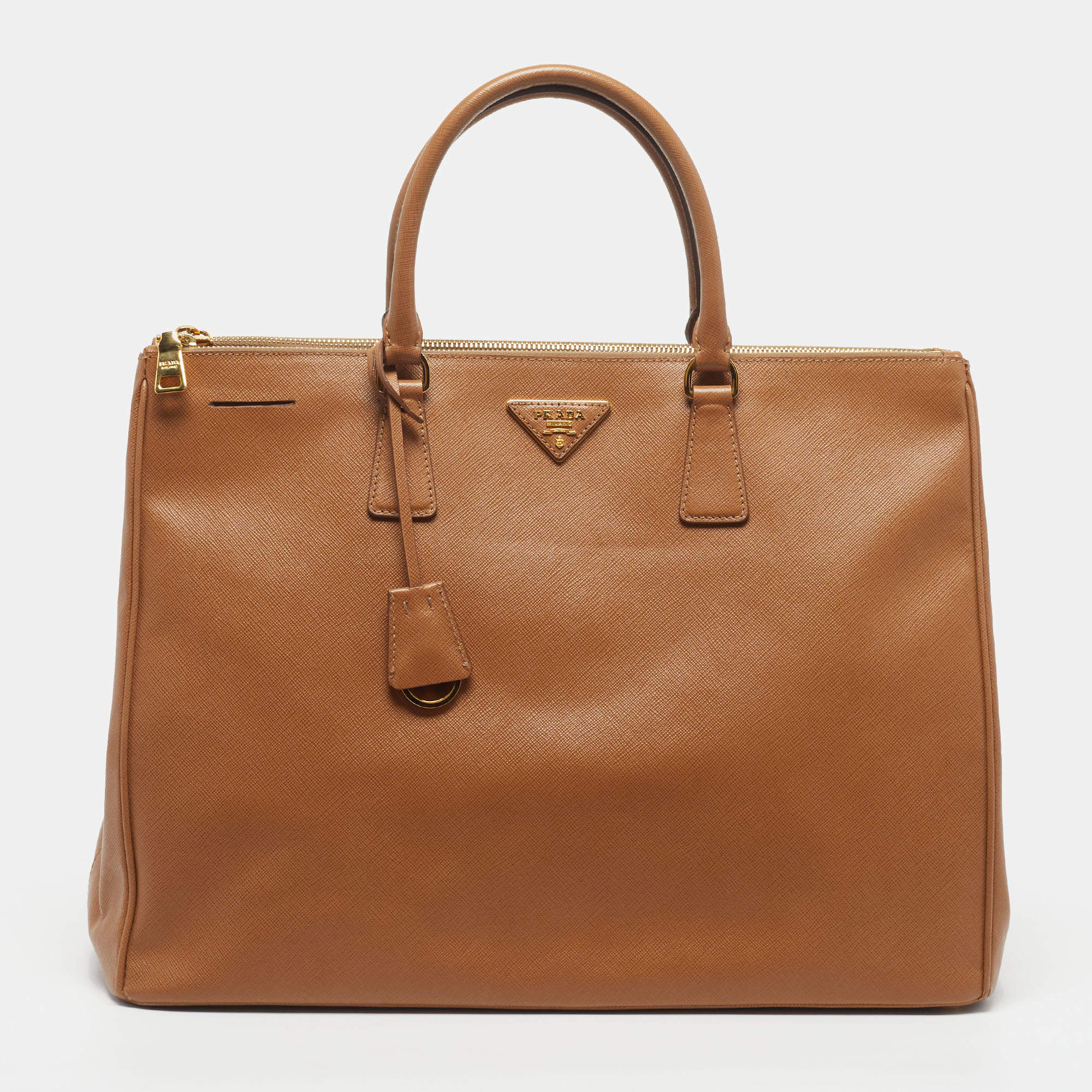 Pre Owned Prada Double Zip Executive Extra Large Brown Saffiano Leather Tote