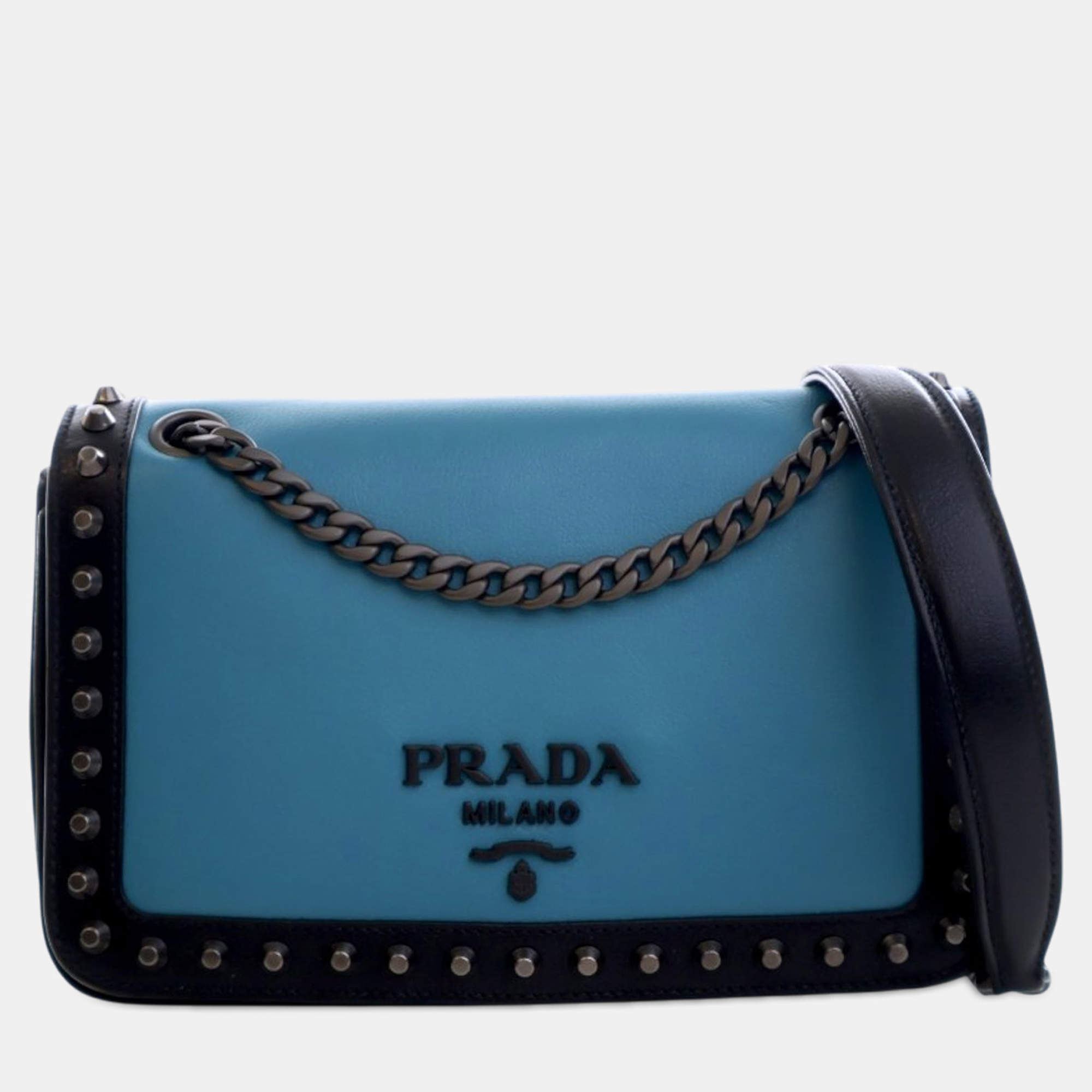 Pre Owned Prada Black Blue Bicolor Glace Calfskin Studded Crossbody