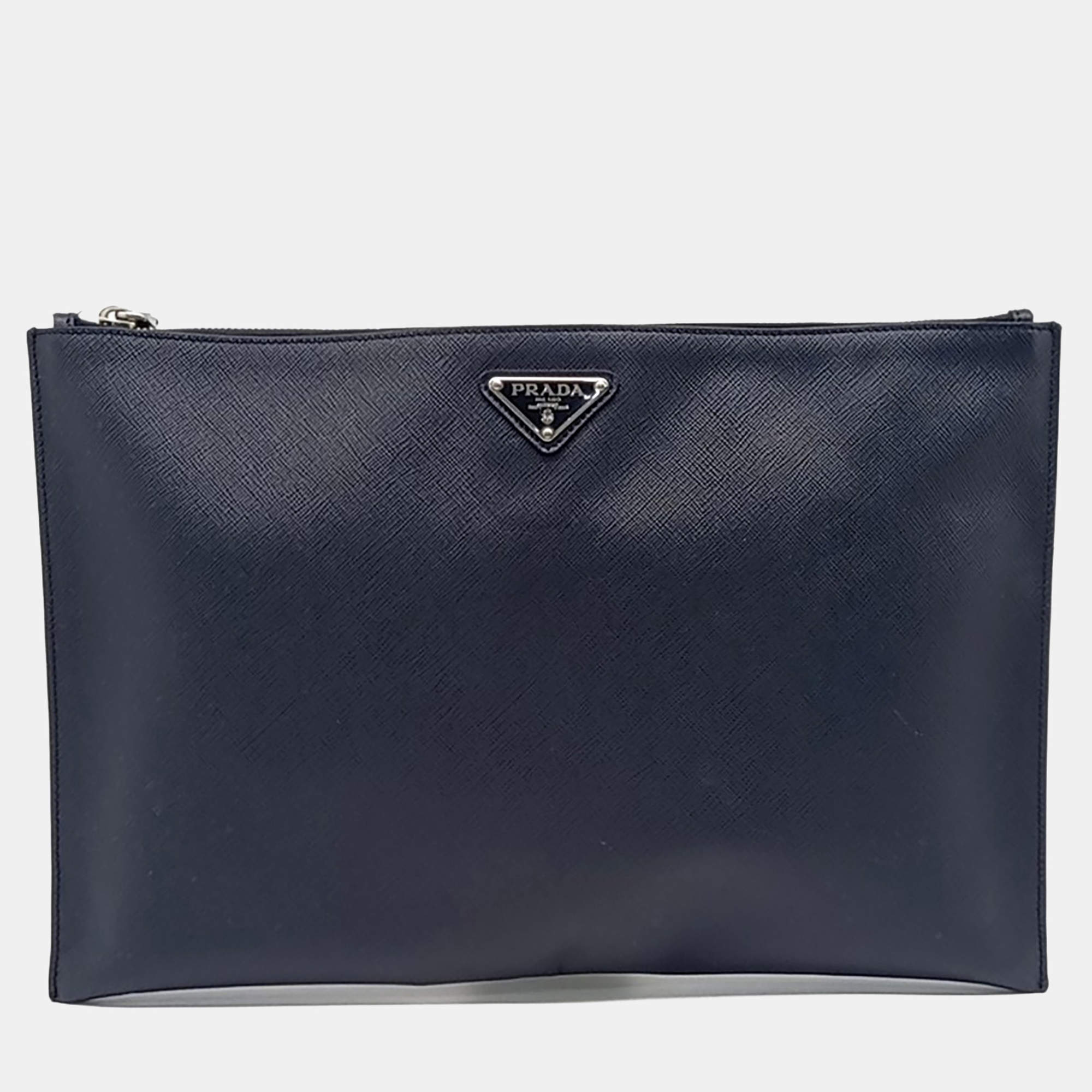 Pre Owned Prada Navy Blue Leather Saffiano Clutch