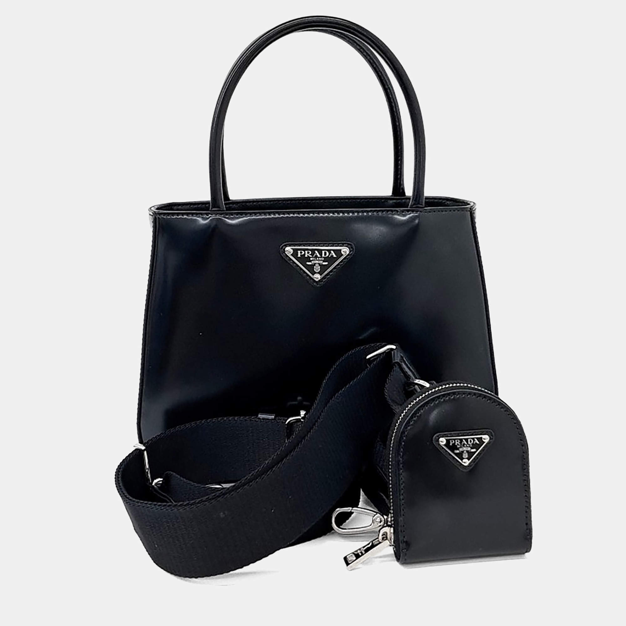 Pre Owned Prada Black Leather Brushed Tote and Shoulder Bag