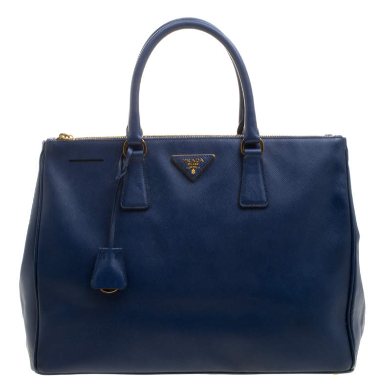 Pre Owned Prada Blue Saffiano Lux Leather Large Double Zip Tote