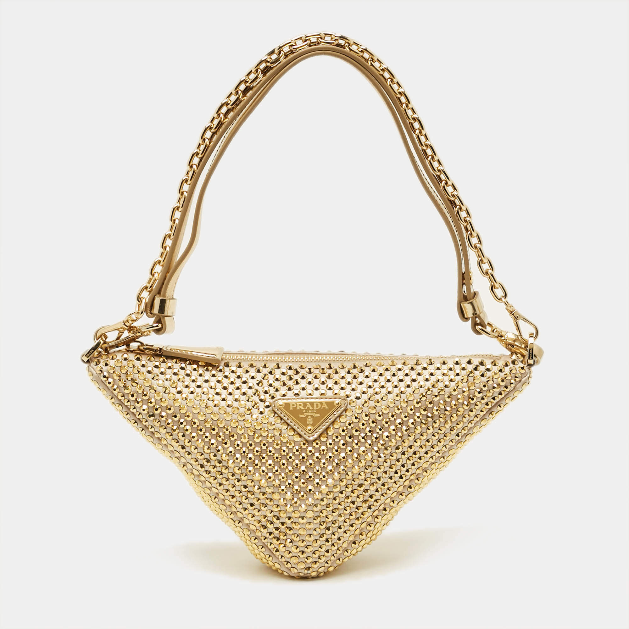 Pre Owned Prada Triangle Crystal Studded Gold Satin Shoulder Bag