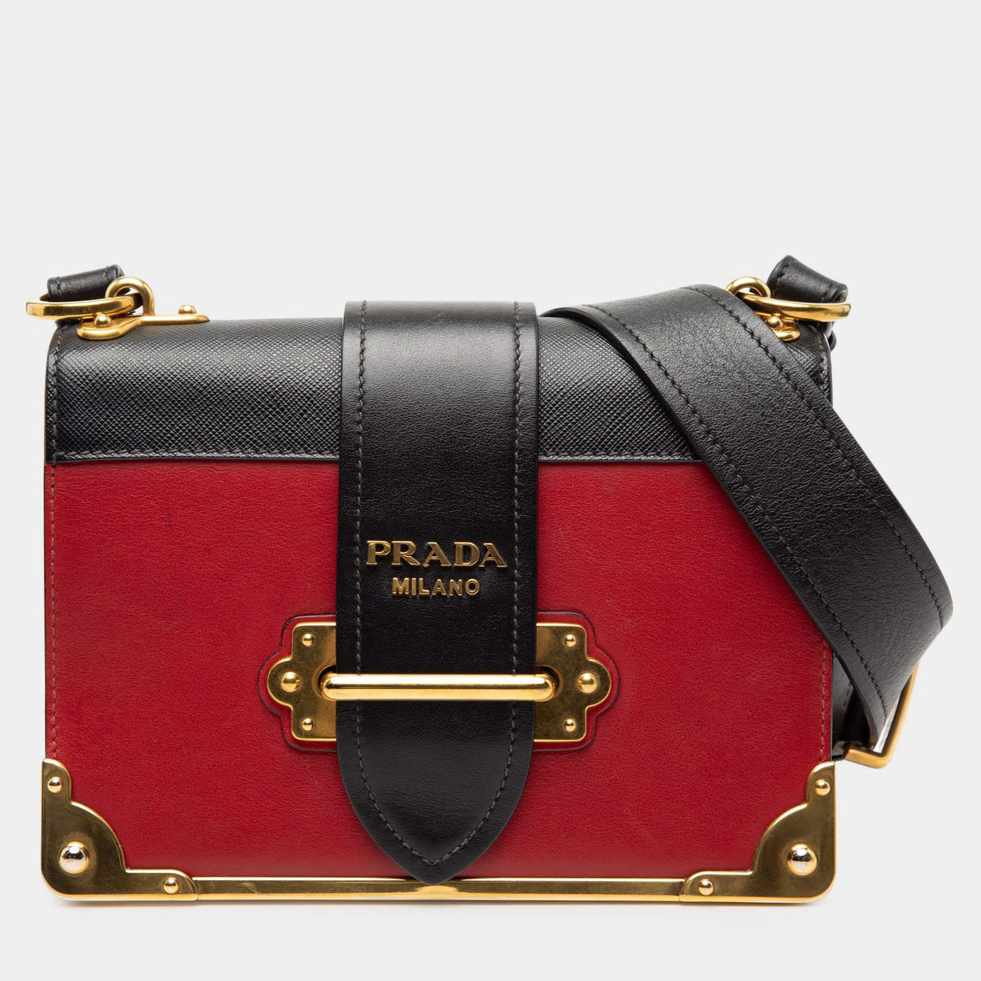 Pre Owned Prada Black, Red Saffiano Trimmed City Calf Cahier Crossbody