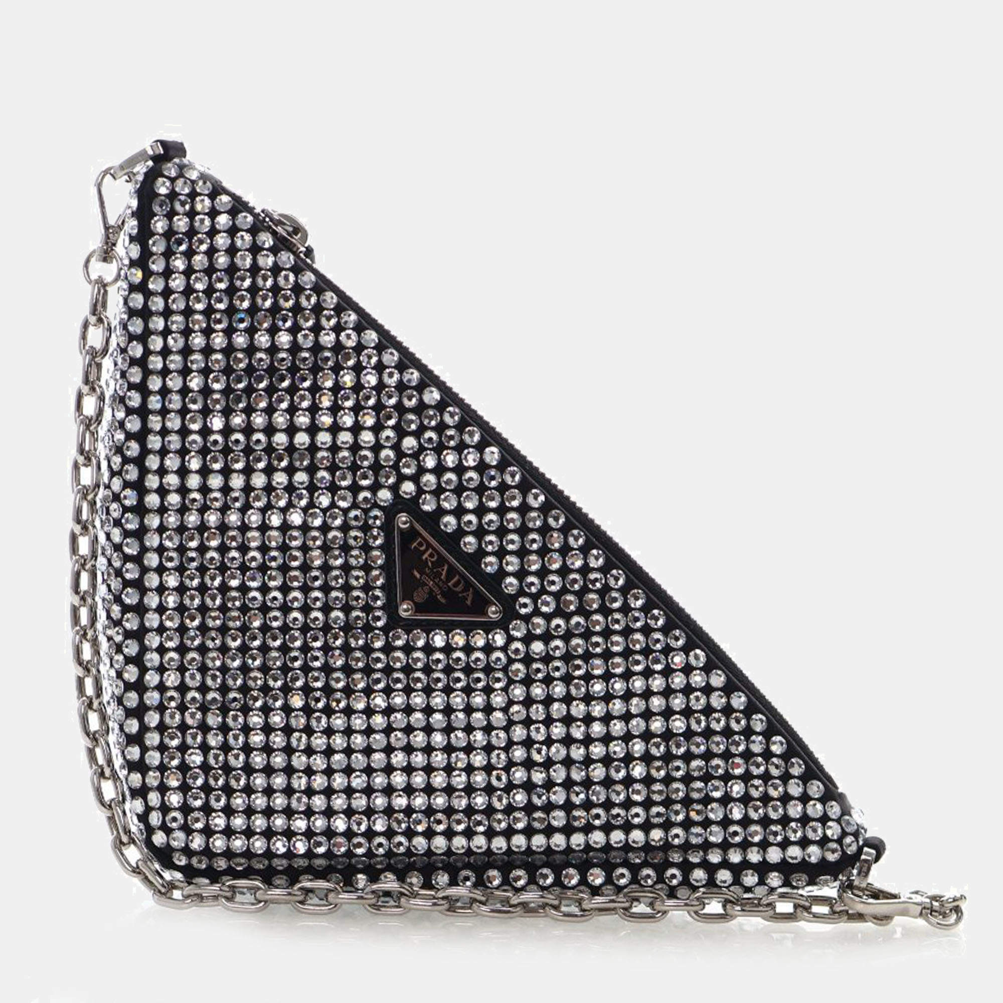 Pre Owned Prada Crystal Triangle Small Satin Shoulder Bag