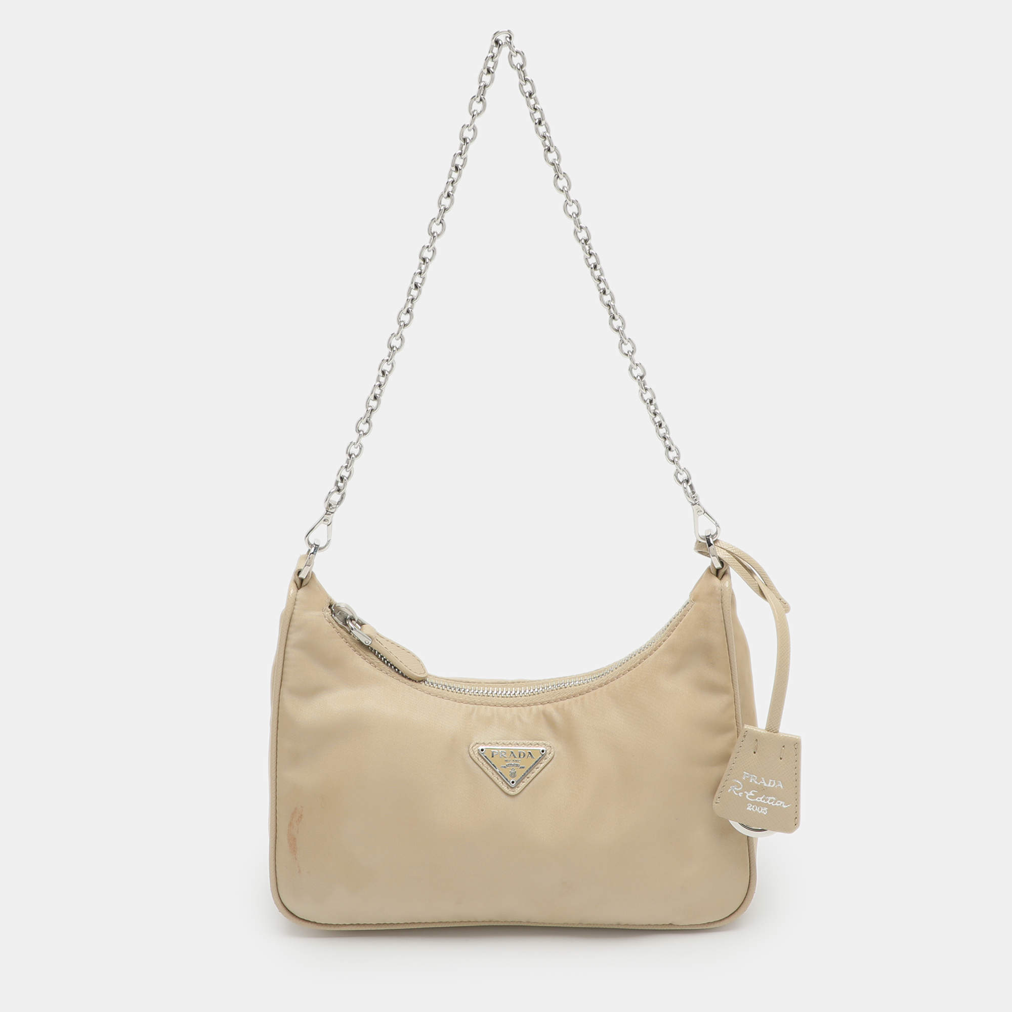 Pre Owned Prada Re-Edition 2005 Beige Re-Nylon and Saffiano Leather Shoulder Bag