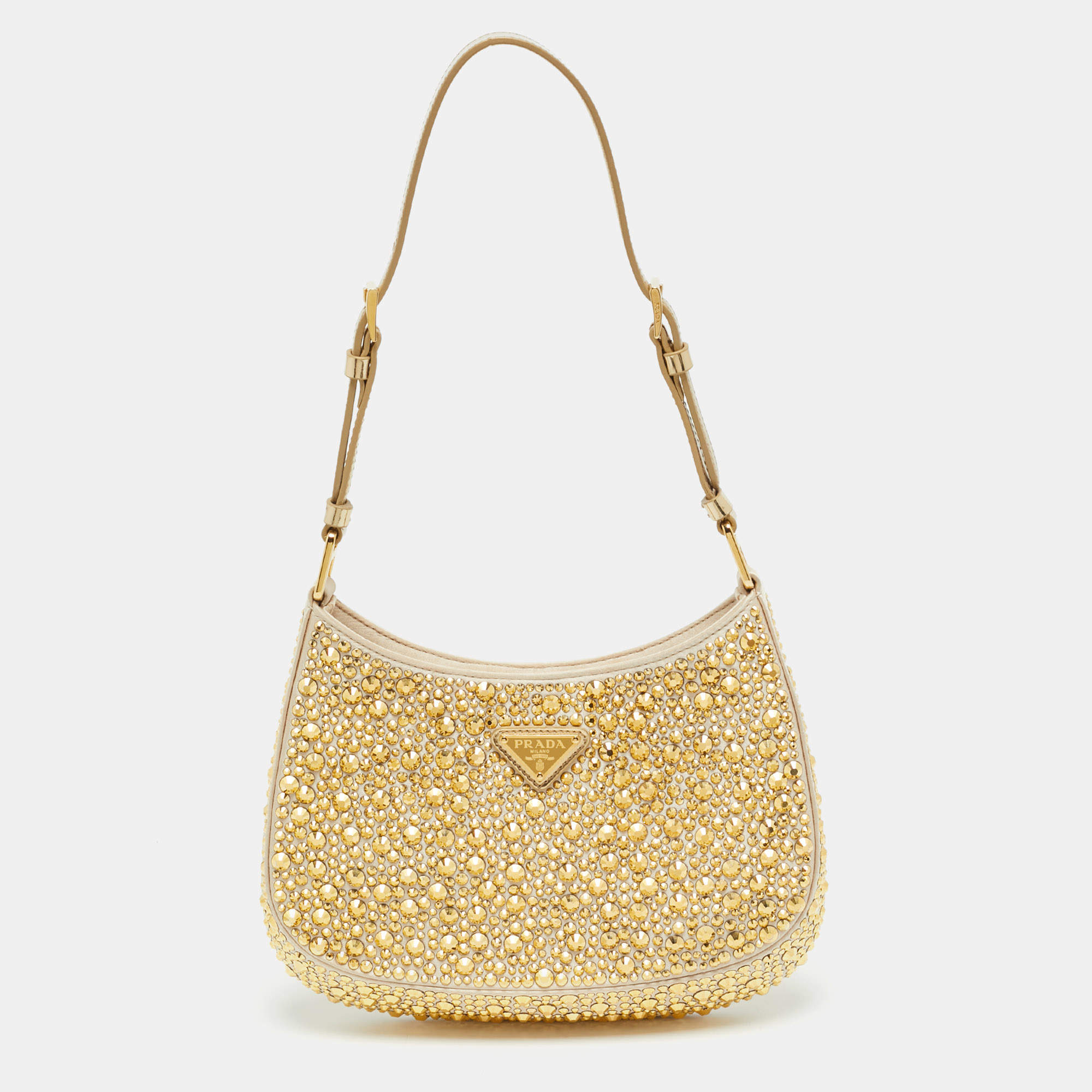 Pre Owned Prada Cleo Gold Crystals Studded Satin Shoulder Bag