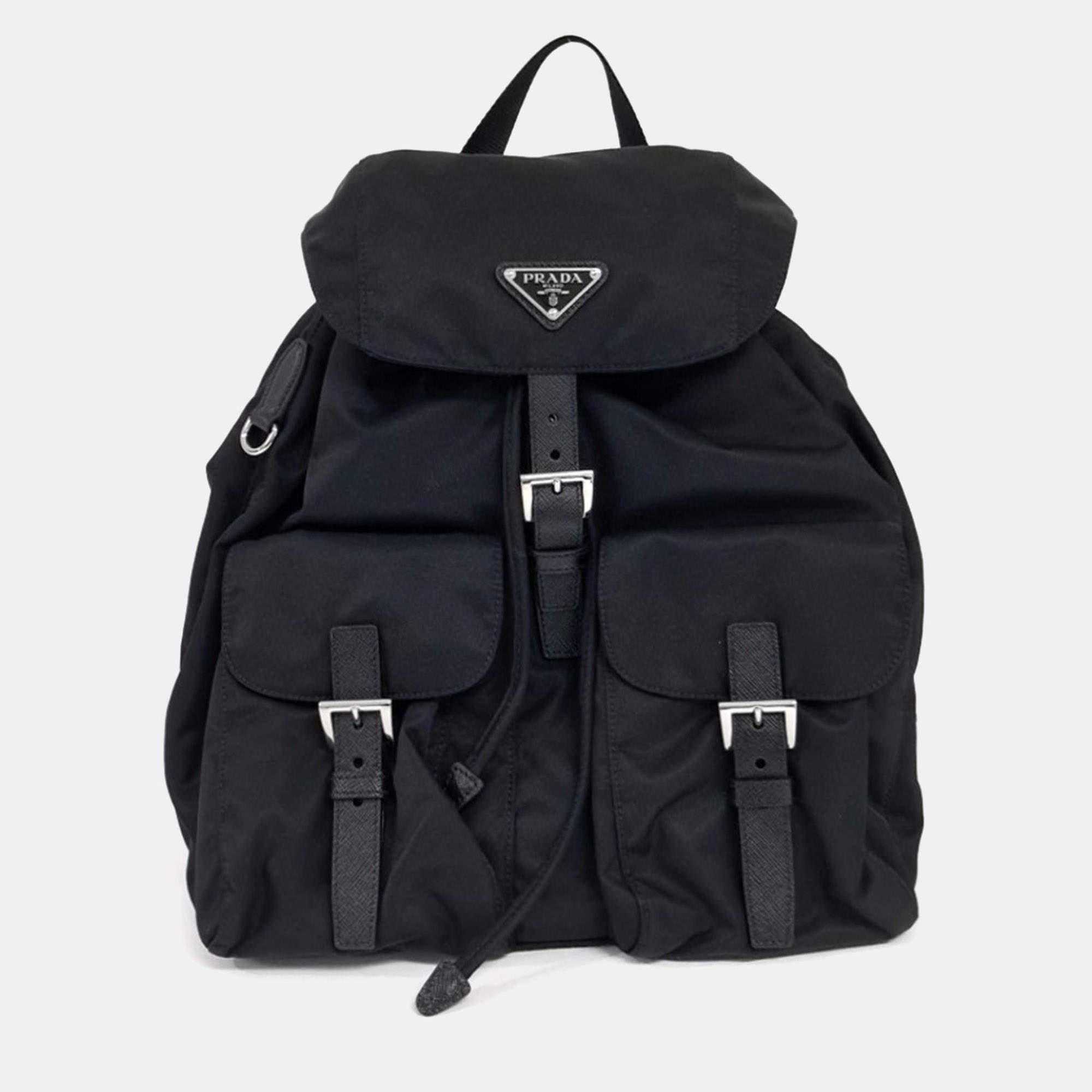 مملوكة مسبقًا Prada Black Nylon Re-Nylon Two-Pocket Backpack