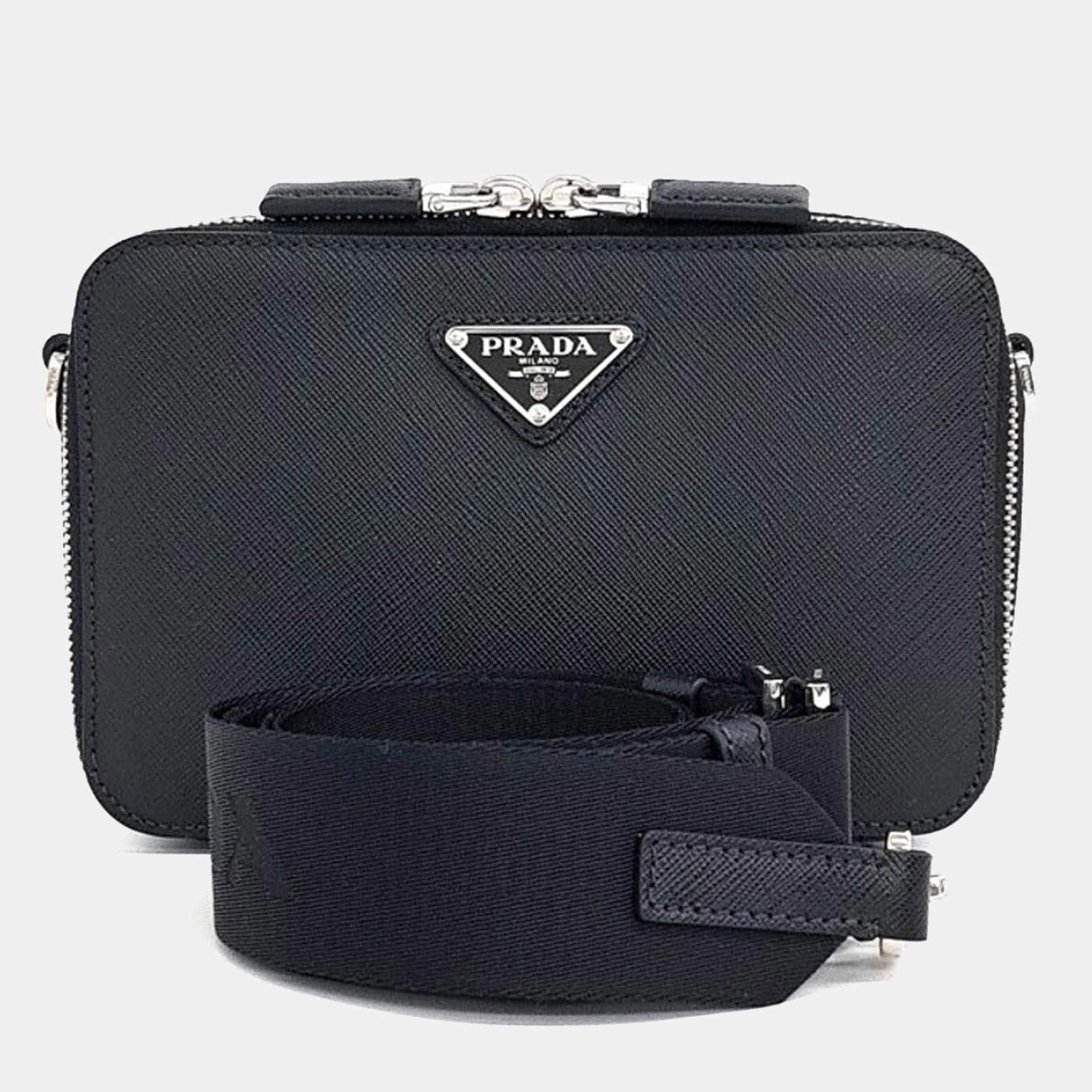 Pre Owned Prada Black Leather Saffiano Travel Crossbody Bag