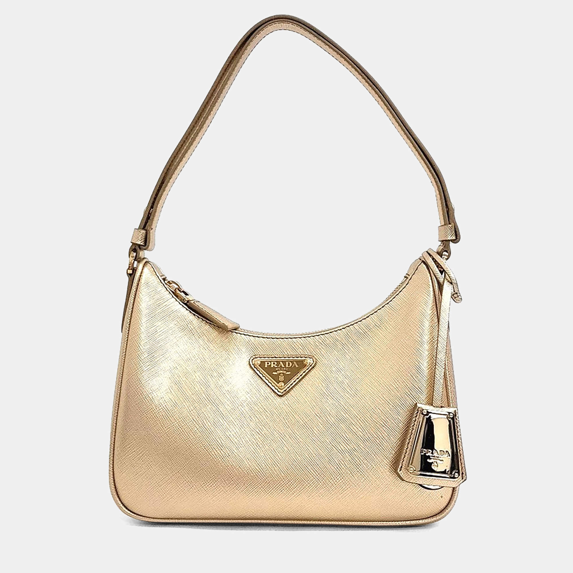 Pre Owned Prada Gold Leather Saffiano Luxe Hobo Bag