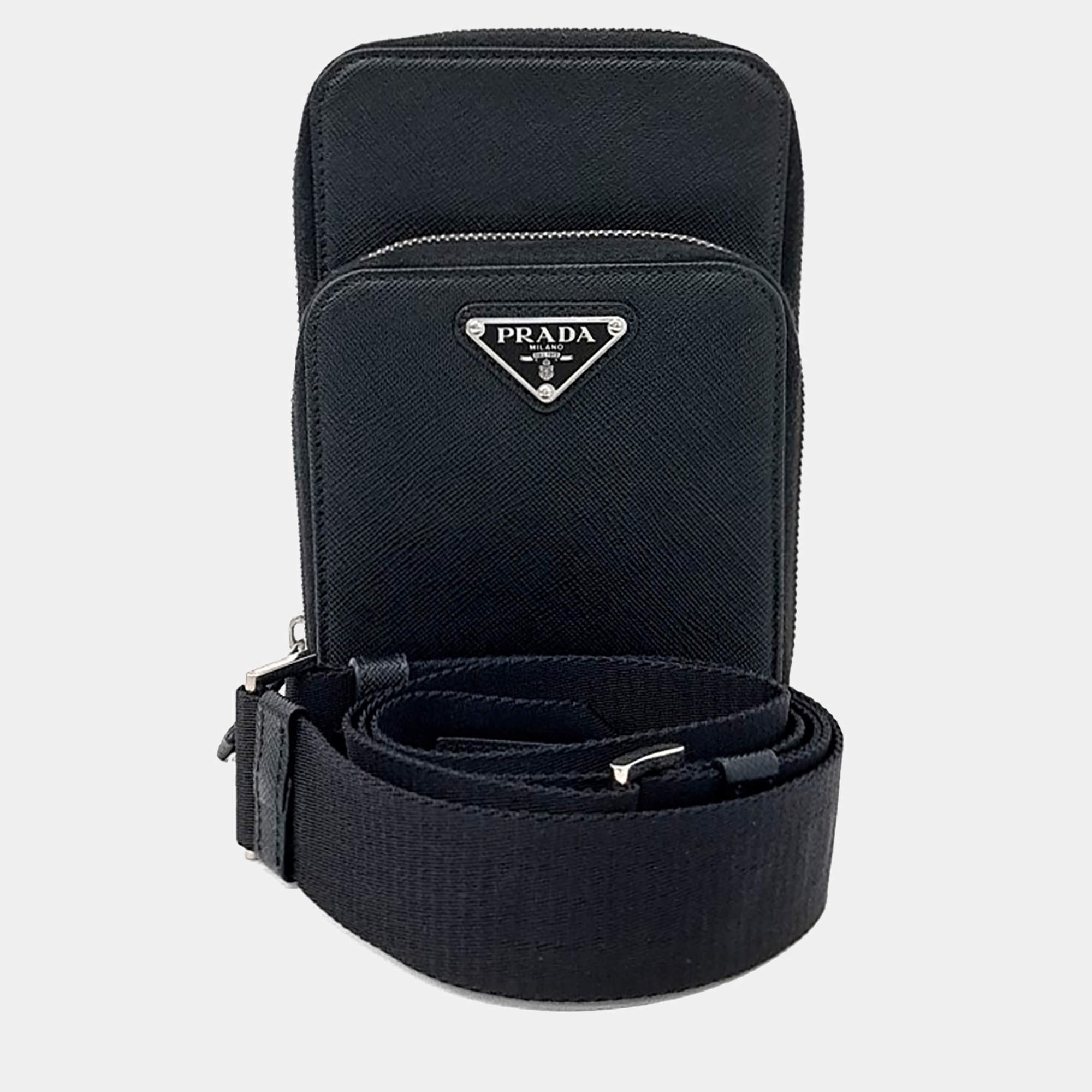 Pre Owned Prada Black Leather Saffiano Phone Case and Crossbody Bag